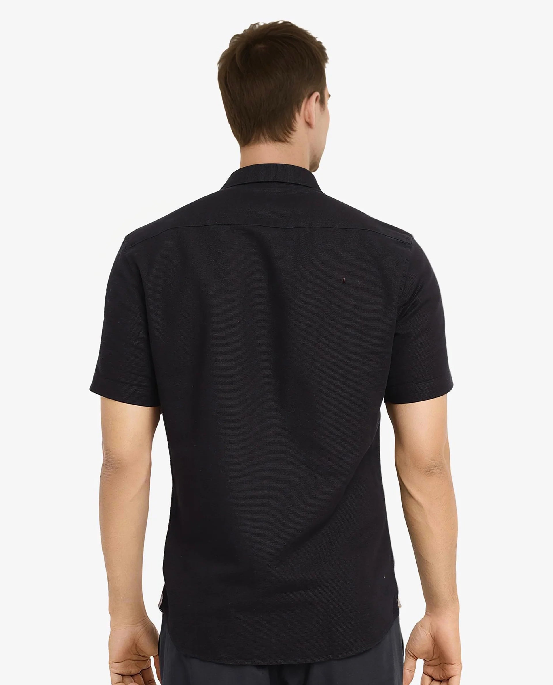 Rare Rabbit Men's Matto-1 Black Cotton Fabric Short Sleeve Regular Fit Self Stripe Dobby Shirt