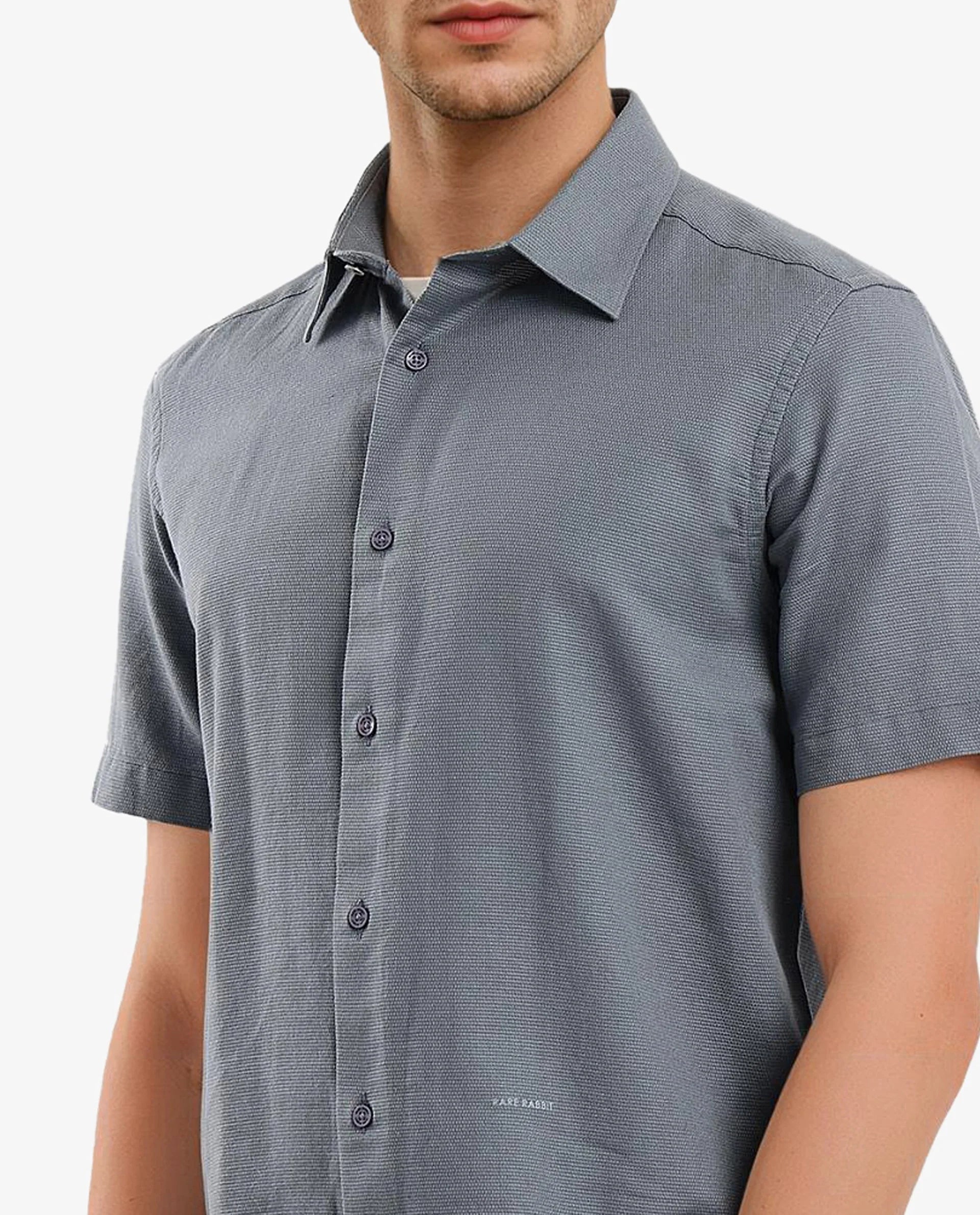 Rare Rabbit Men Matto-1 Dusky Petrol Cotton Fabric Short Sleeve Regular Fit Self Stripe Dobby Shirt