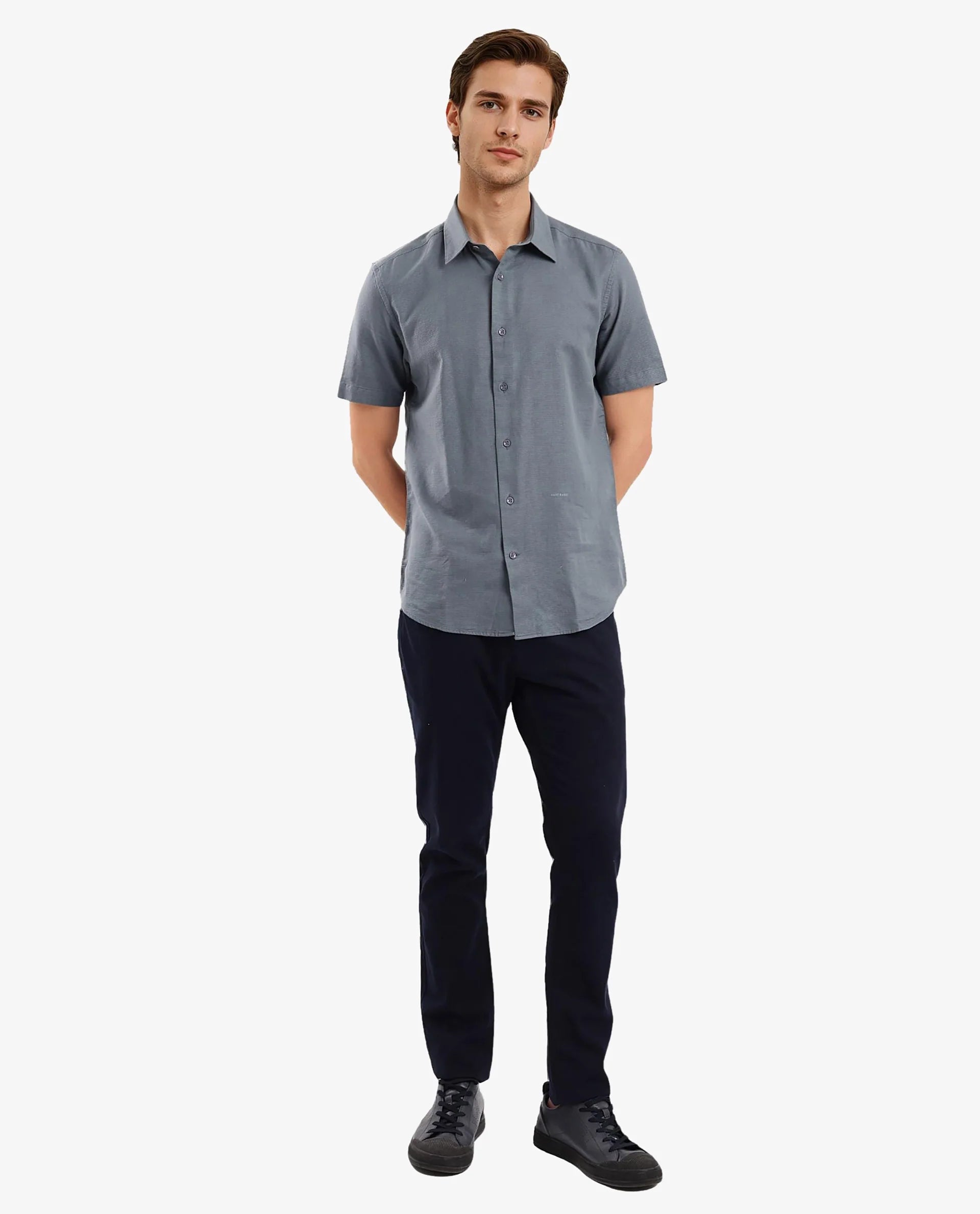 Rare Rabbit Men Matto-1 Dusky Petrol Cotton Fabric Short Sleeve Regular Fit Self Stripe Dobby Shirt