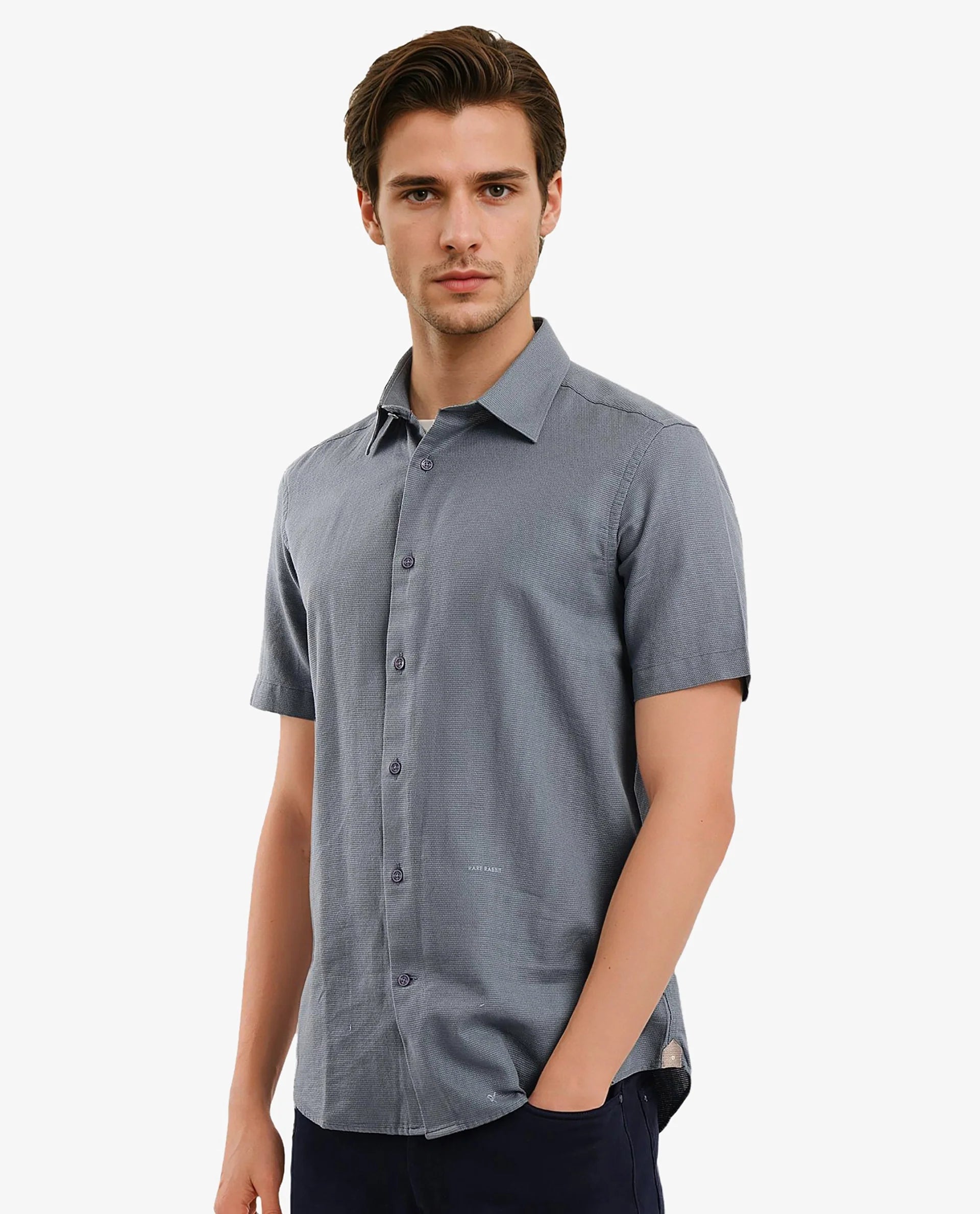 Rare Rabbit Men Matto-1 Dusky Petrol Cotton Fabric Short Sleeve Regular Fit Self Stripe Dobby Shirt