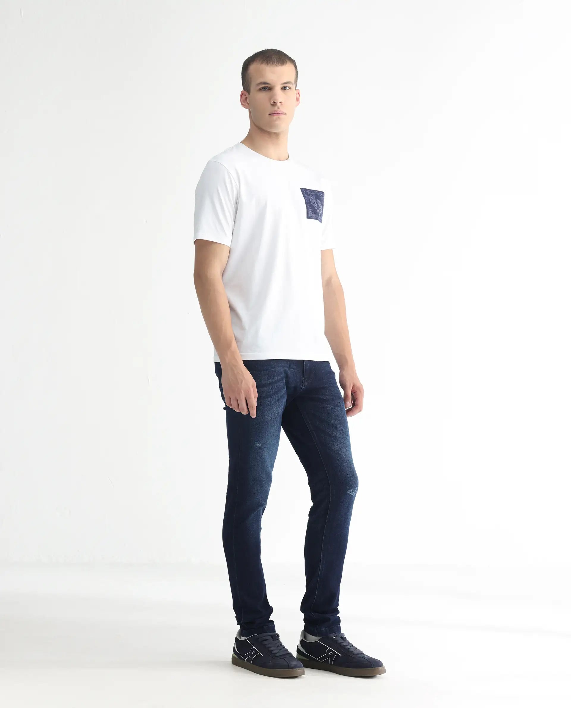 Rare Rabbit Men's Movado Blue Cotton Plain Hawk Slim Fit Jeans