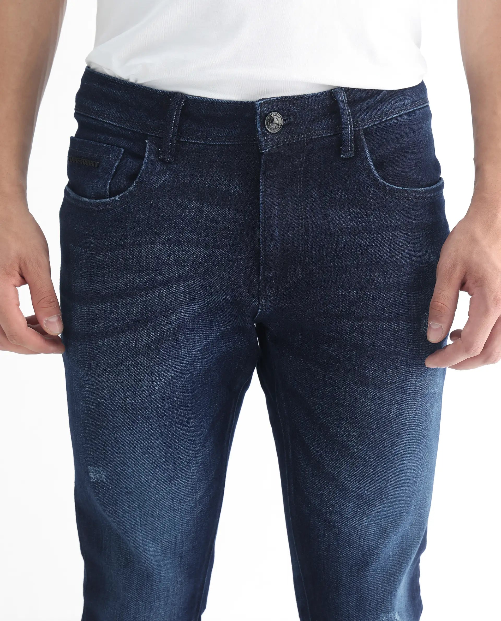 Rare Rabbit Men's Movado Blue Cotton Plain Hawk Slim Fit Jeans