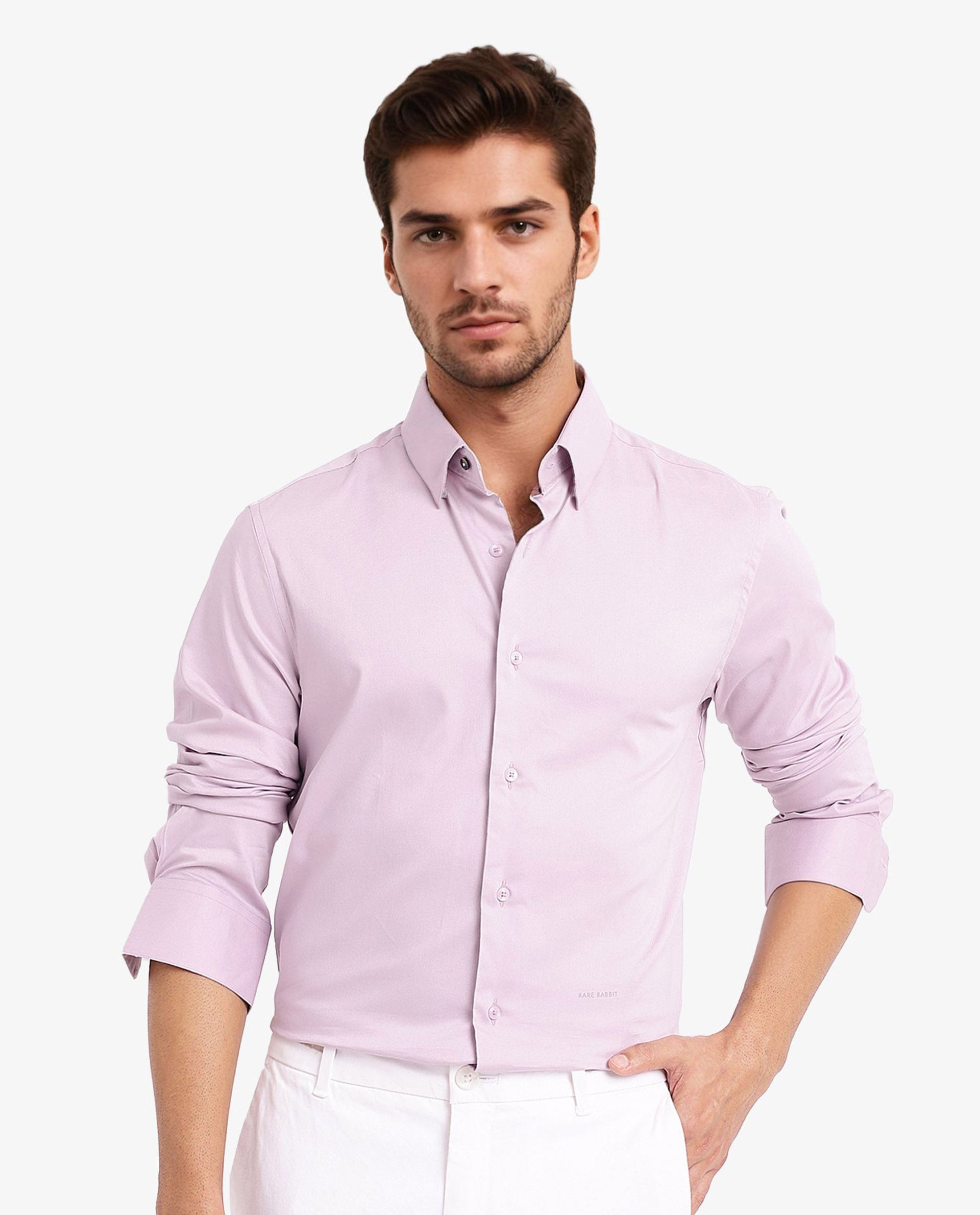 Rare Rabbit Men Mawz Light Pink Cotton Polyester Fabric Full Sleeve Regular Fit Plain Twill Shirt