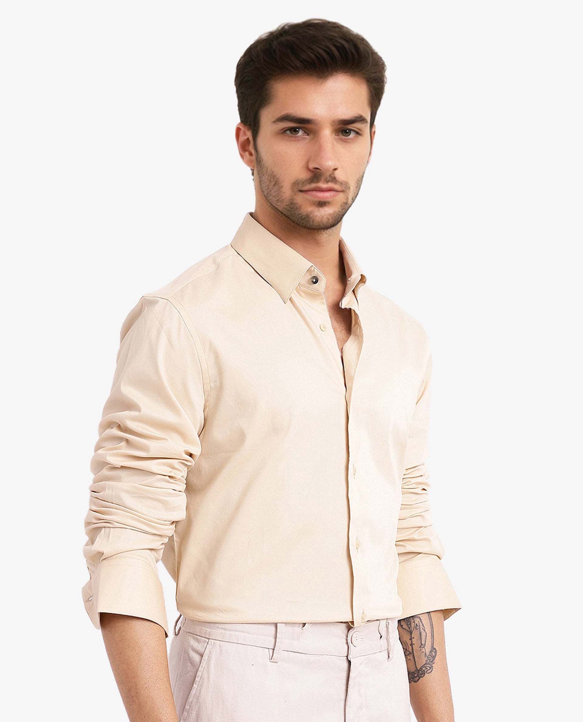 Rare Rabbit Men Mawz Light Yellow Cotton Polyester Fabric Full Sleeve Regular Fit Plain Twill Shirt