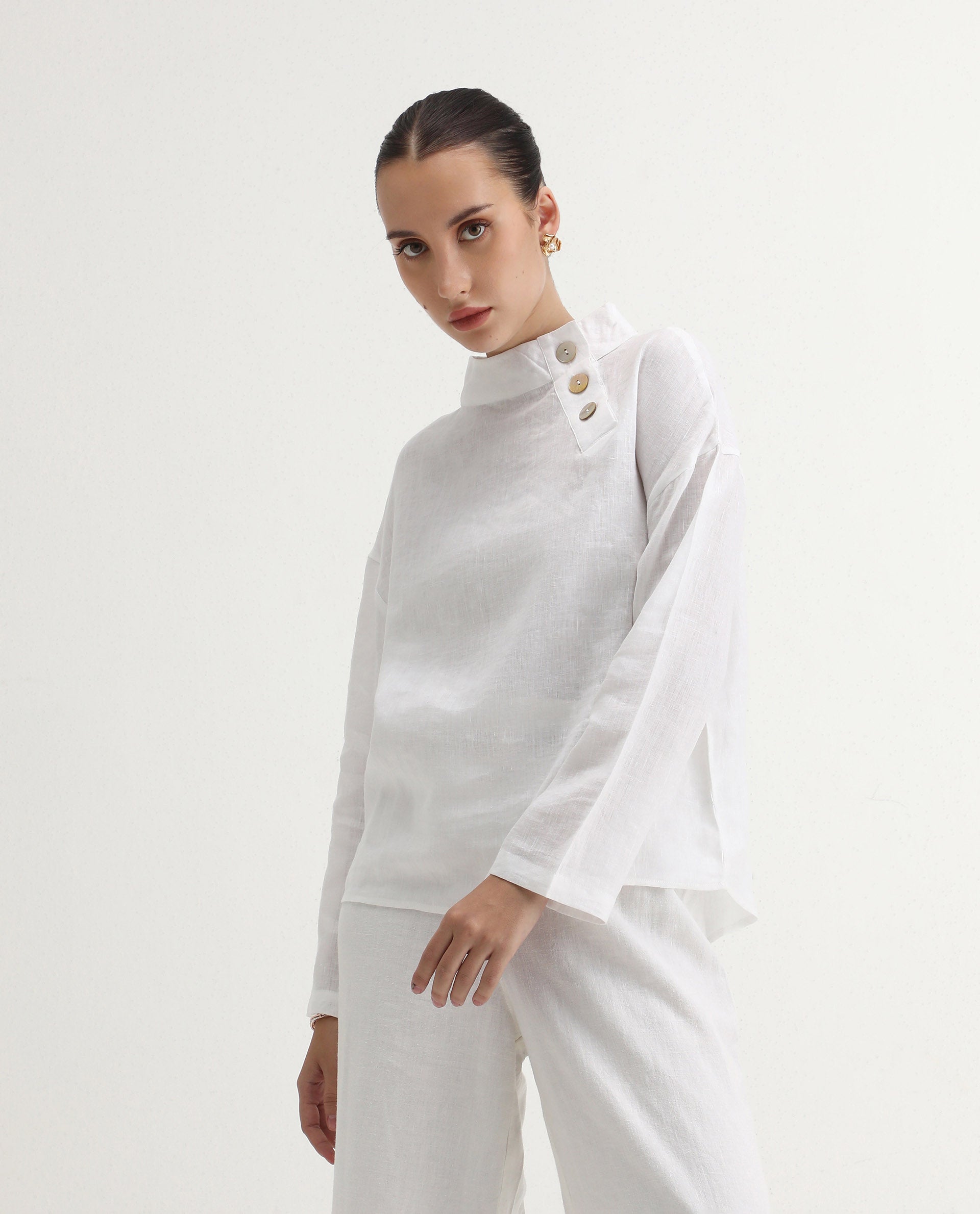 Rareism Women's Mayotte White Linen Mandarin Collar Plain Relaxed Fit Top