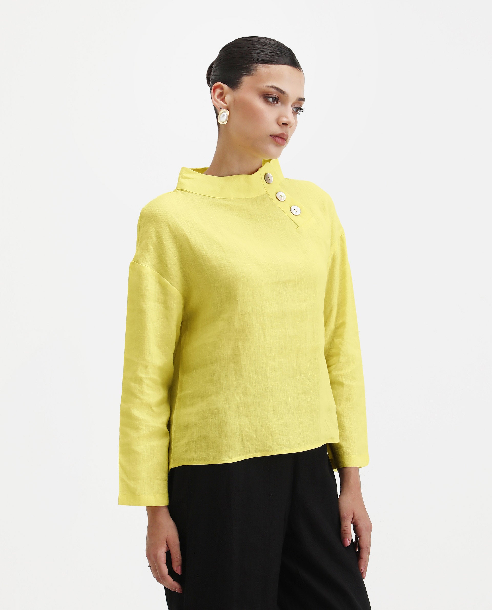 Rareism Women's Mayotte Pastel Yellow Linen Mandarin Collar Plain Relaxed Fit Top