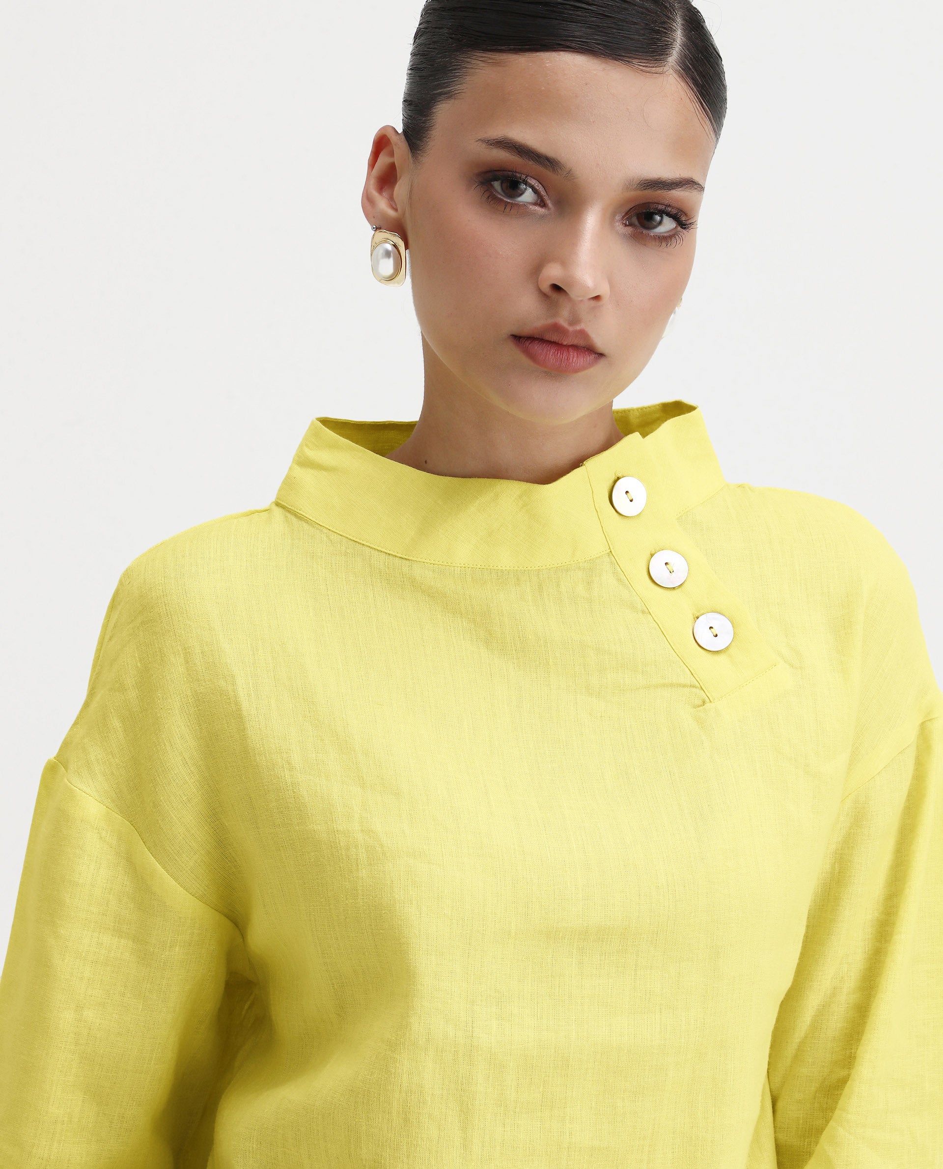Rareism Women's Mayotte Pastel Yellow Linen Mandarin Collar Plain Relaxed Fit Top