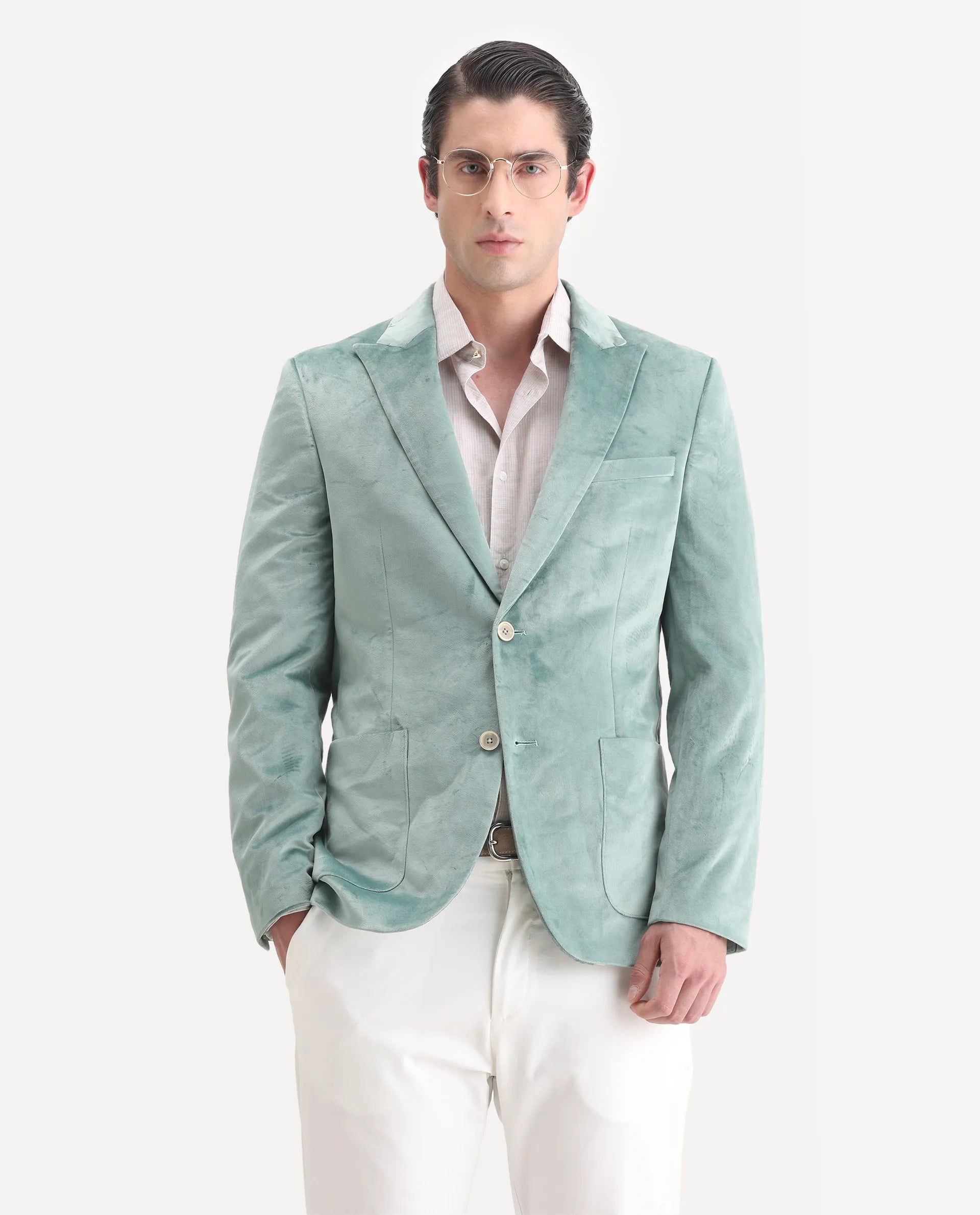 Rare Rabbit Men's Mazey Green Velvet Plain Tailored Fit Full Sleeve Lapel Neck Blazer