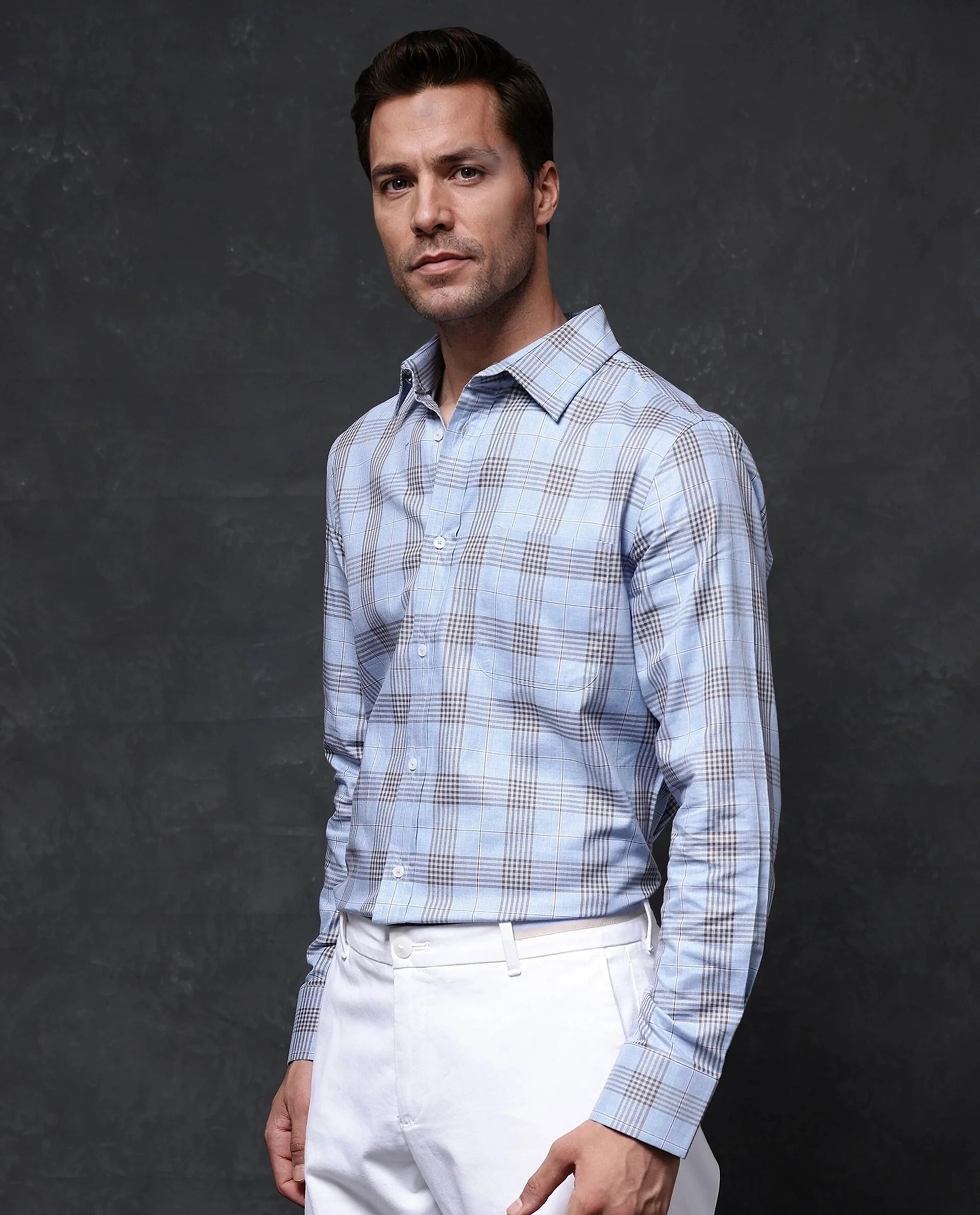 Rare Rabbit Men Mead Blue Full Sleeve Collared Neck Button Closure Regular Fit Checks Shirt