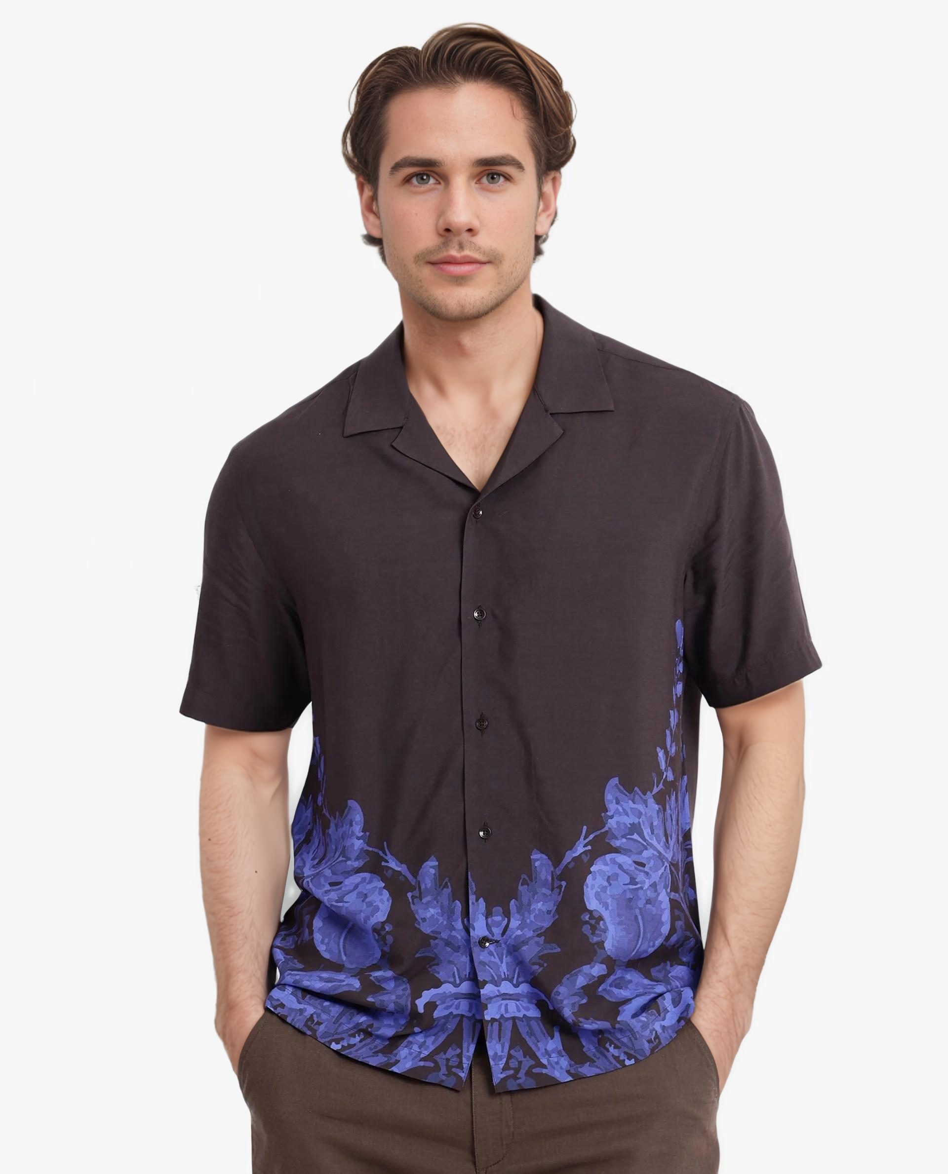 Rare Rabbit Men's Meb Dark Brown Viscose Fabric Short Sleeve Cuban Collared Boxy Fit Placement Print Shirt