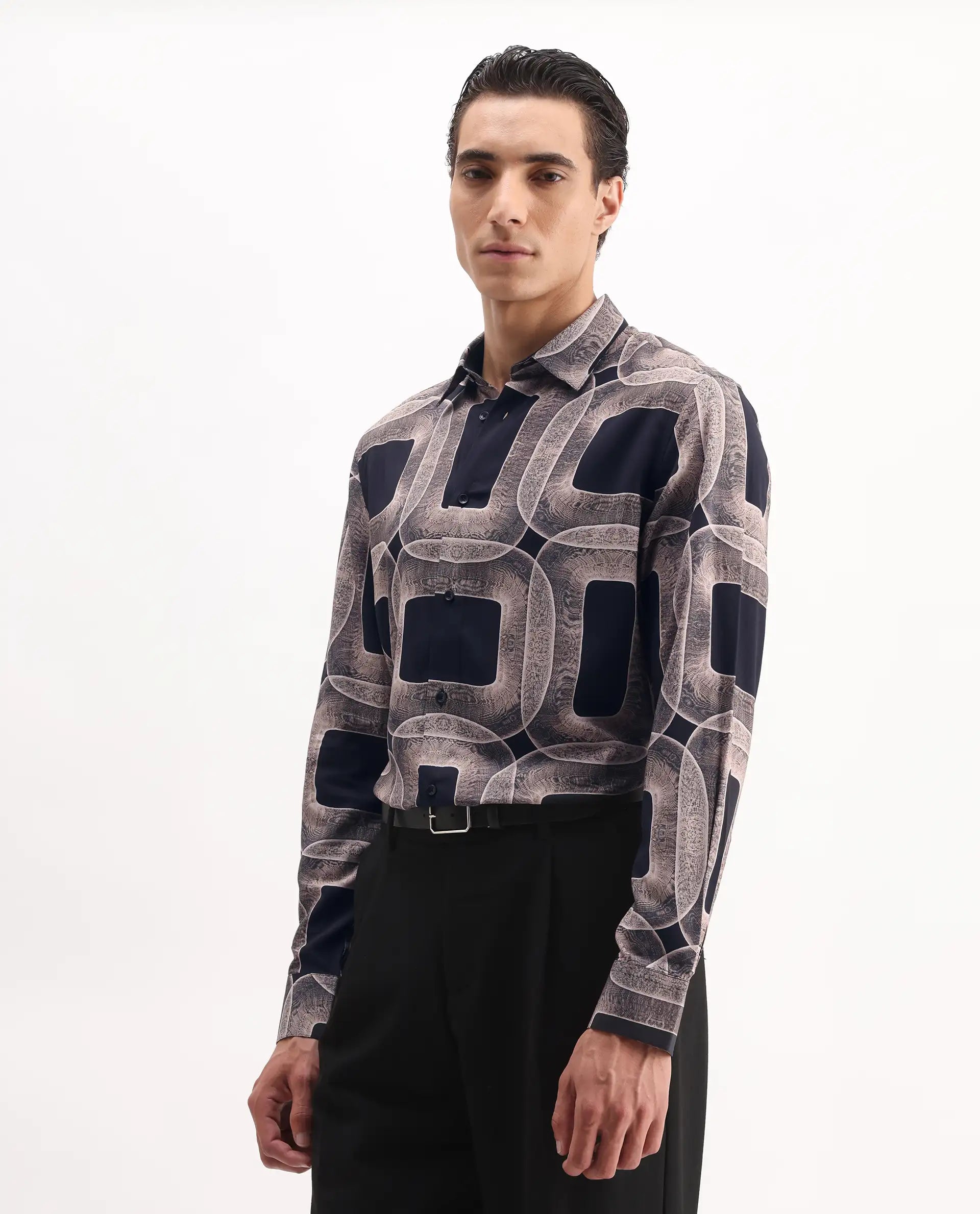Rare Rabbit Men's Mecro-25 Black Viscose Geometric Print Regular Fit Full Sleeve Collared Shirt