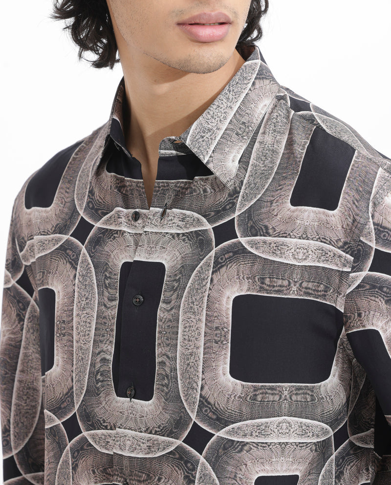 Rare Rabbit Men's Mecro SS Brown Cotton Fabric Half Sleeves Boxy Fit Abstract Geometric Print Shirt