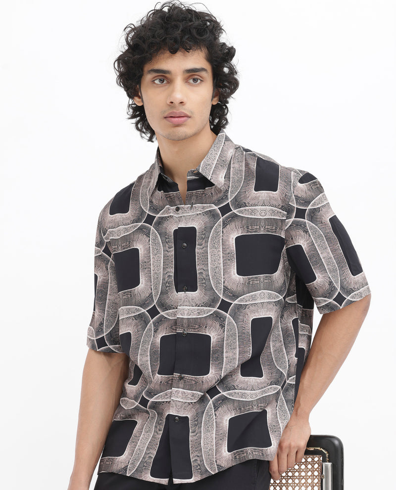 Rare Rabbit Men's Mecro SS Brown Cotton Fabric Half Sleeves Boxy Fit Abstract Geometric Print Shirt