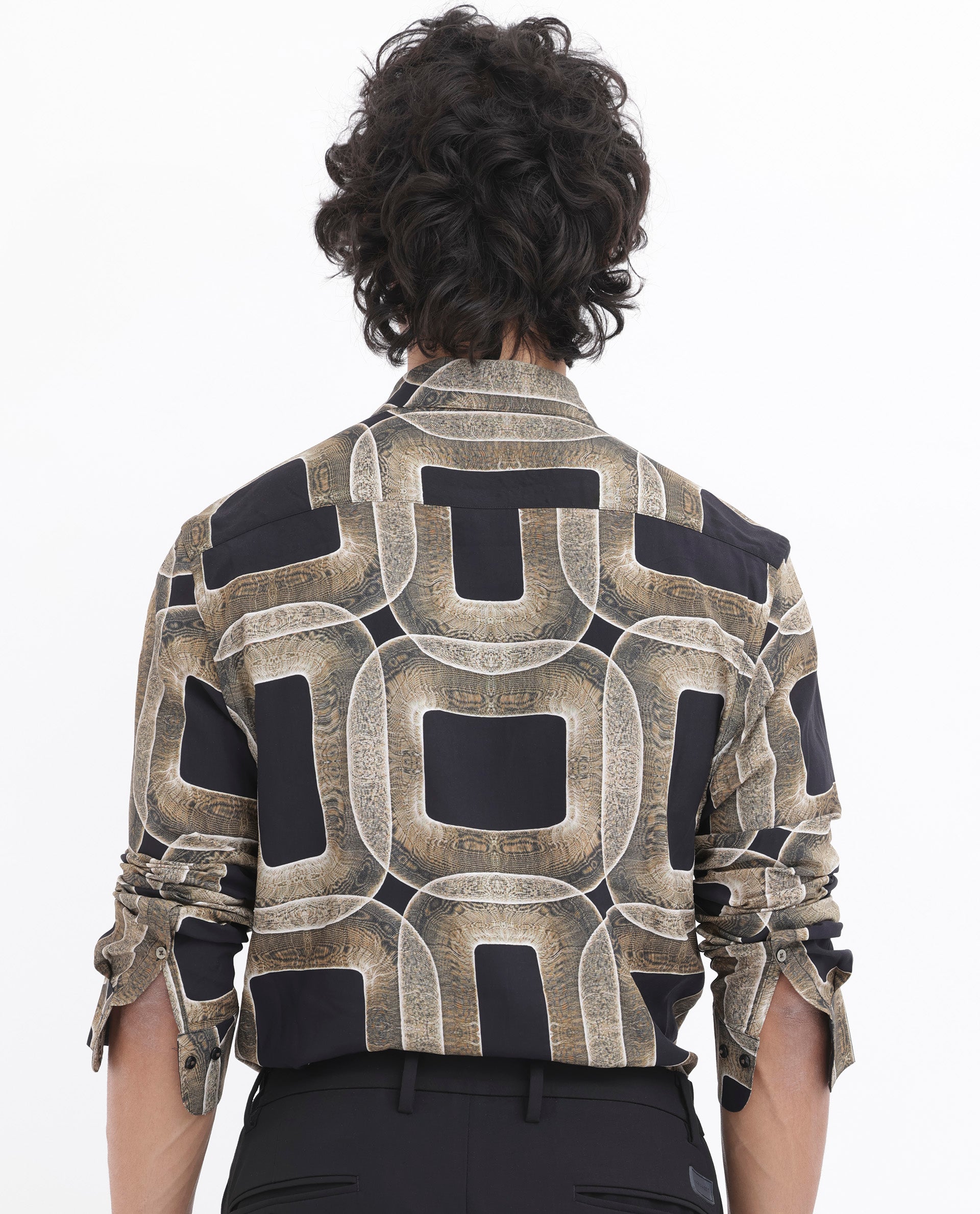 Rare Rabbit Men's Mecro LS Mustard Viscose Fabric Full Sleeves Abstract Geometric Print Shirt