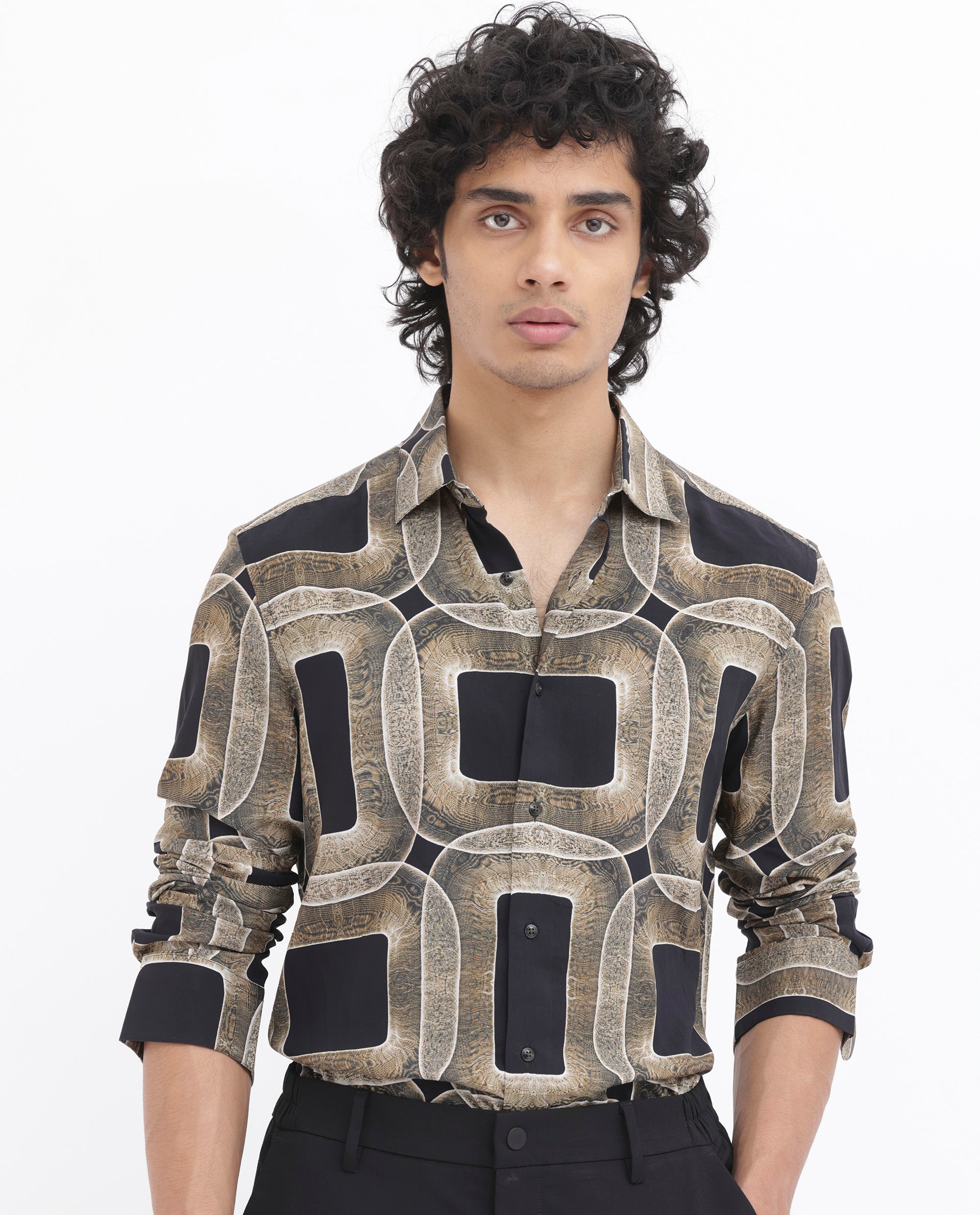Rare Rabbit Men's Mecro LS Mustard Viscose Fabric Full Sleeves Abstract Geometric Print Shirt