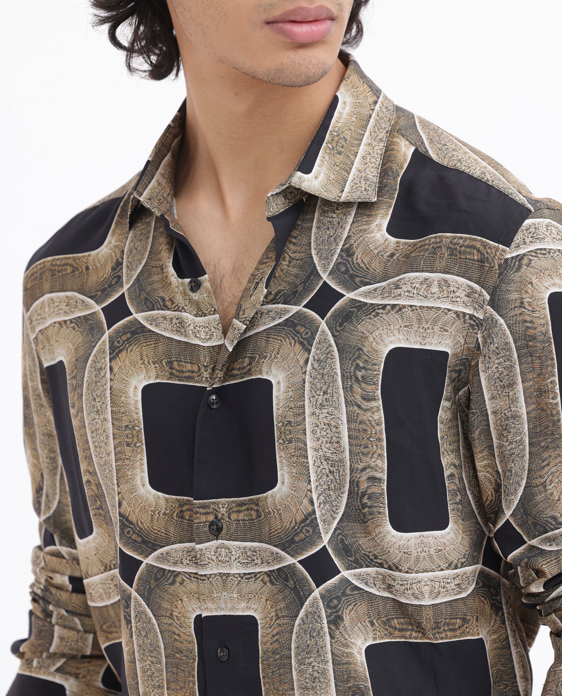 Rare Rabbit Men's Mecro LS Mustard Viscose Fabric Full Sleeves Abstract Geometric Print Shirt