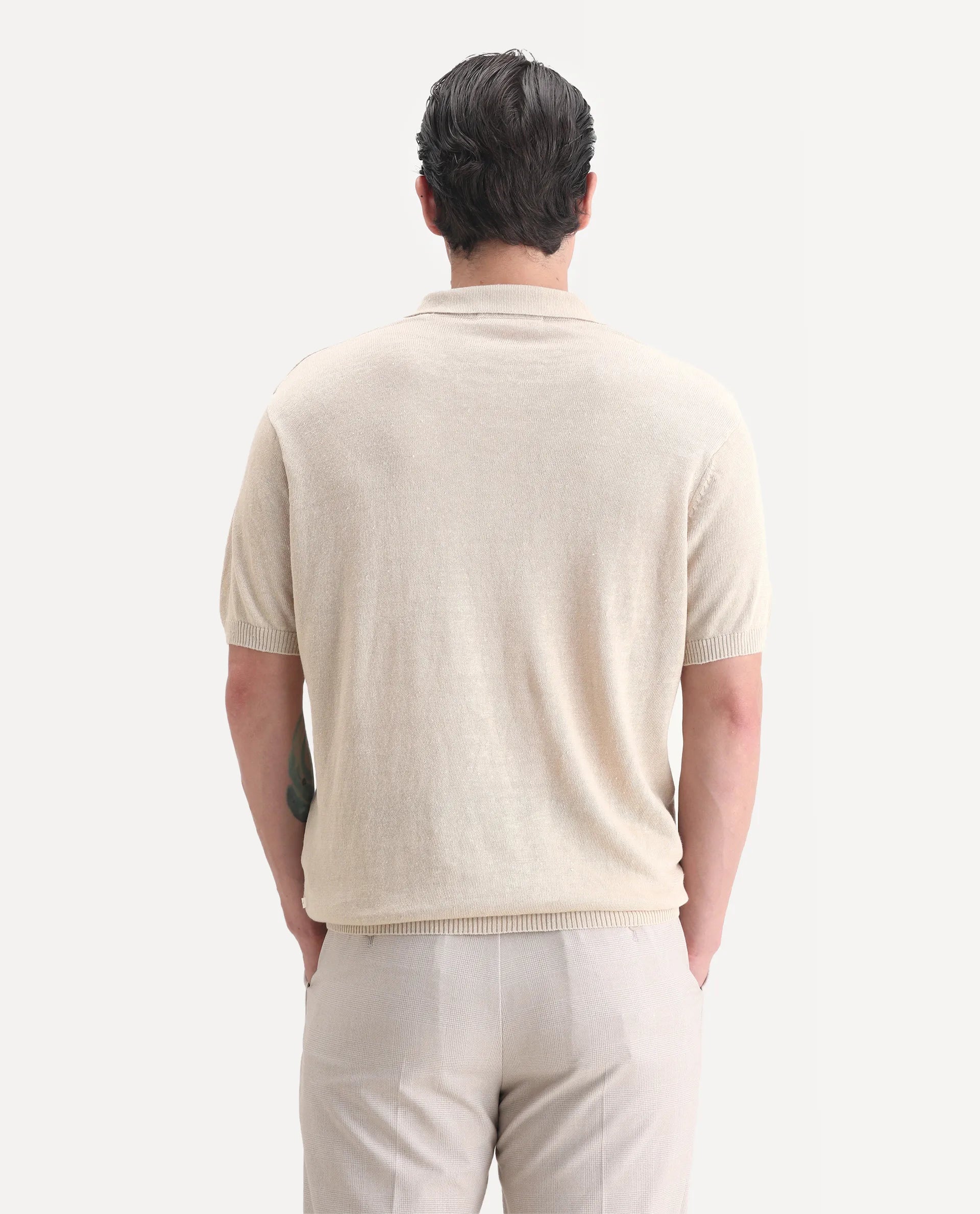 Rare Rabbit Men's Mekko-25 Beige Linen Blend Plain Regular Fit Half Sleeve Polo