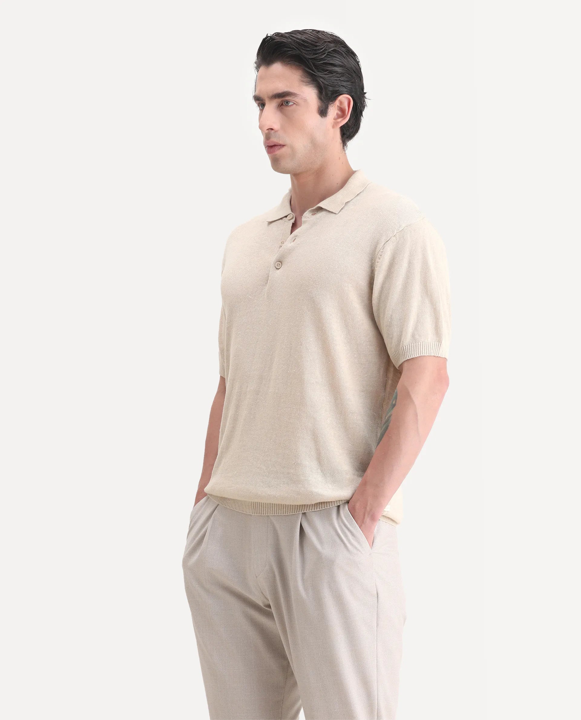 Rare Rabbit Men's Mekko-25 Beige Linen Blend Plain Regular Fit Half Sleeve Polo