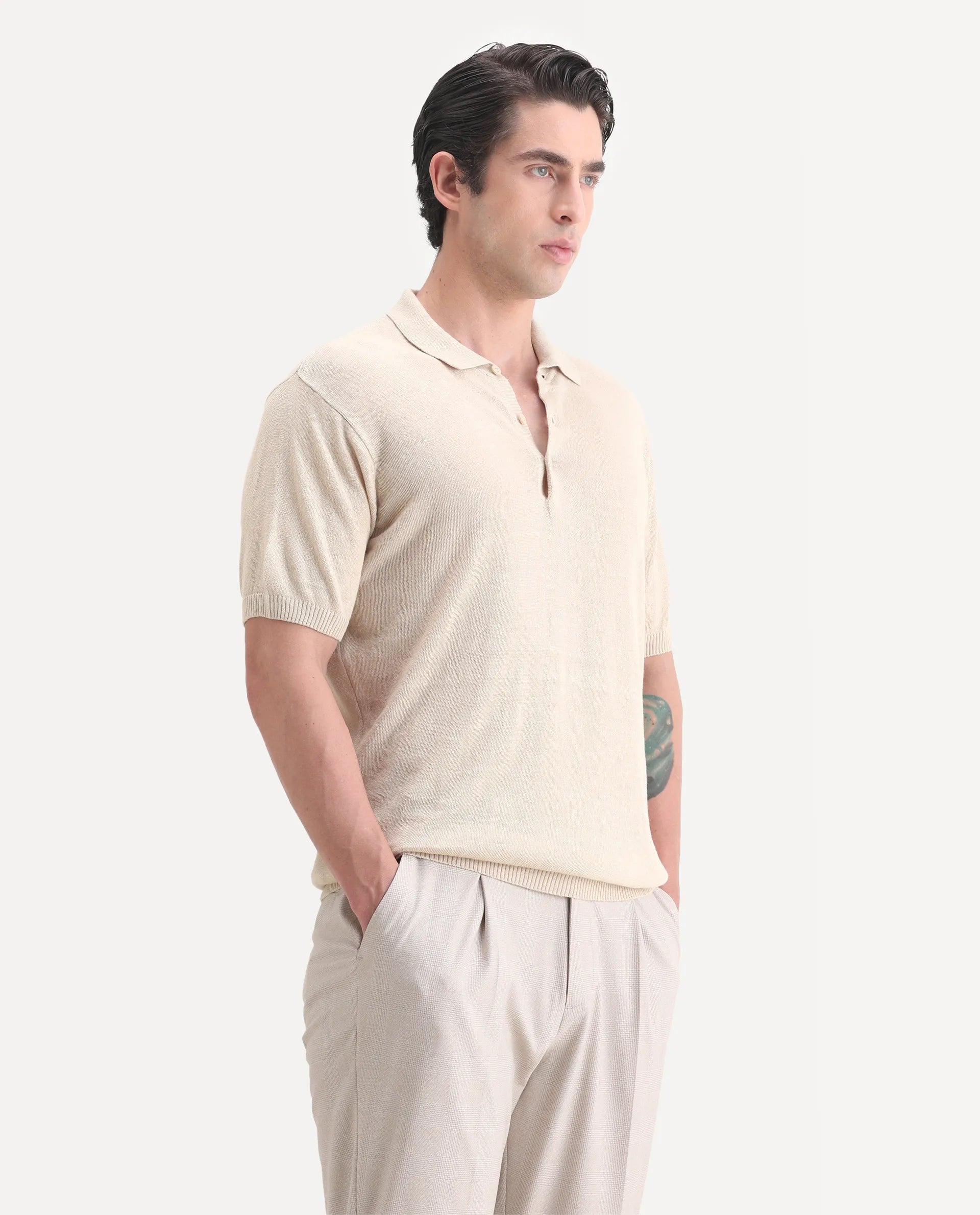 Rare Rabbit Men's Mekko-25 Beige Linen Blend Plain Regular Fit Half Sleeve Polo