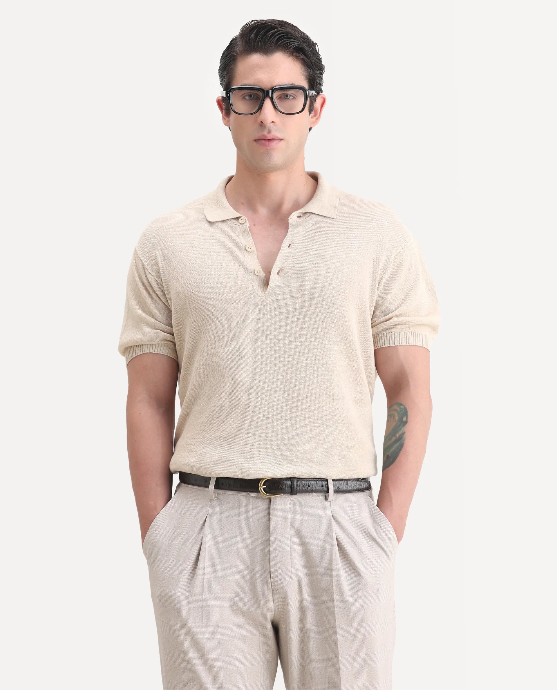 Rare Rabbit Men's Mekko-25 Beige Linen Blend Plain Regular Fit Half Sleeve Polo