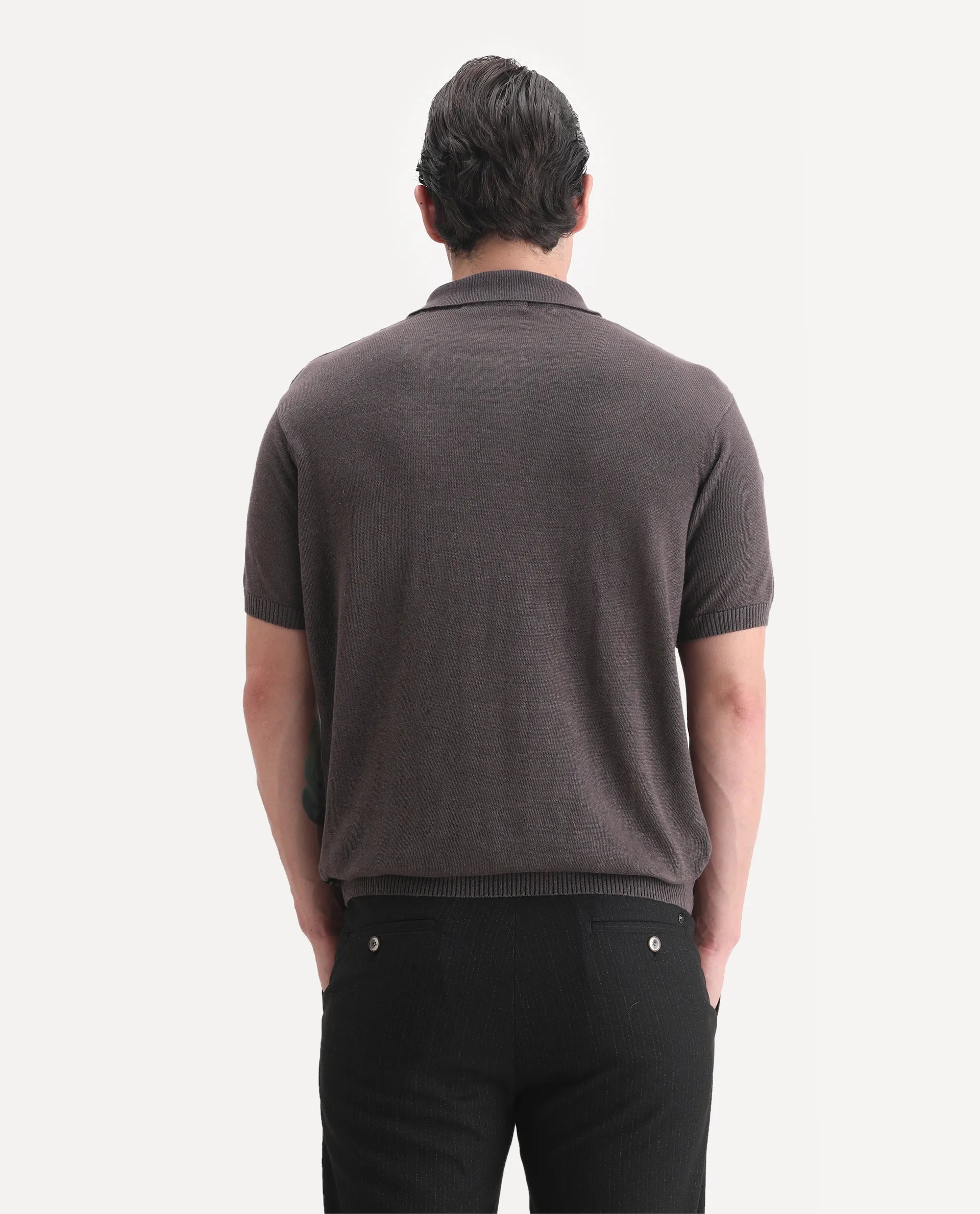 Rare Rabbit Men's Mekko-25 Dark Brown Linen Blend Plain Regular Fit Half Sleeve Polo
