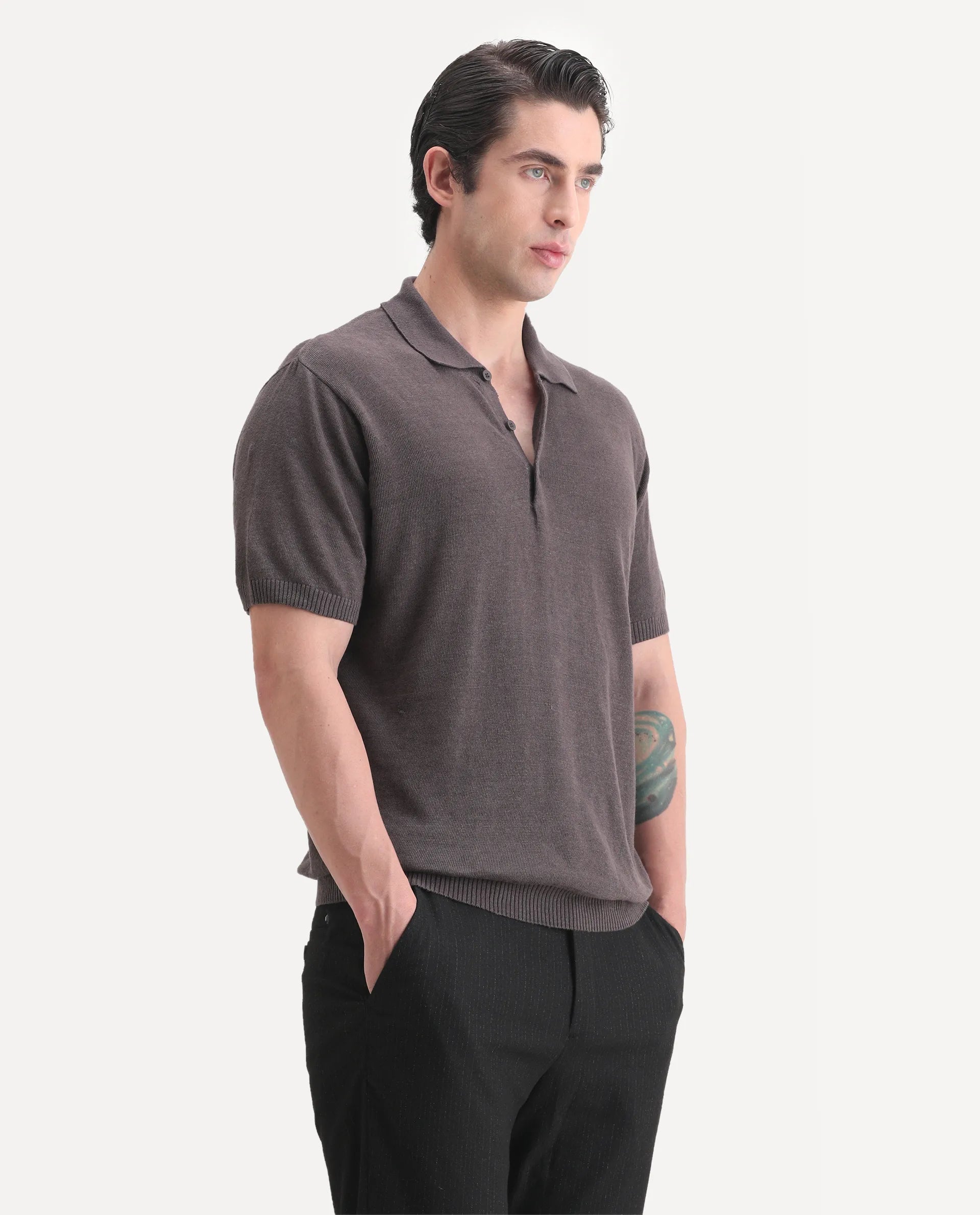 Rare Rabbit Men's Mekko-25 Dark Brown Linen Blend Plain Regular Fit Half Sleeve Polo