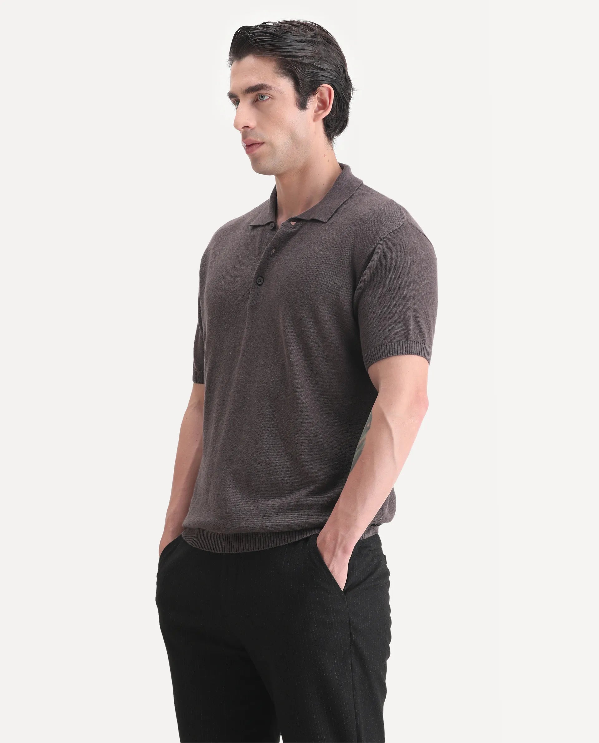 Rare Rabbit Men's Mekko-25 Dark Brown Linen Blend Plain Regular Fit Half Sleeve Polo