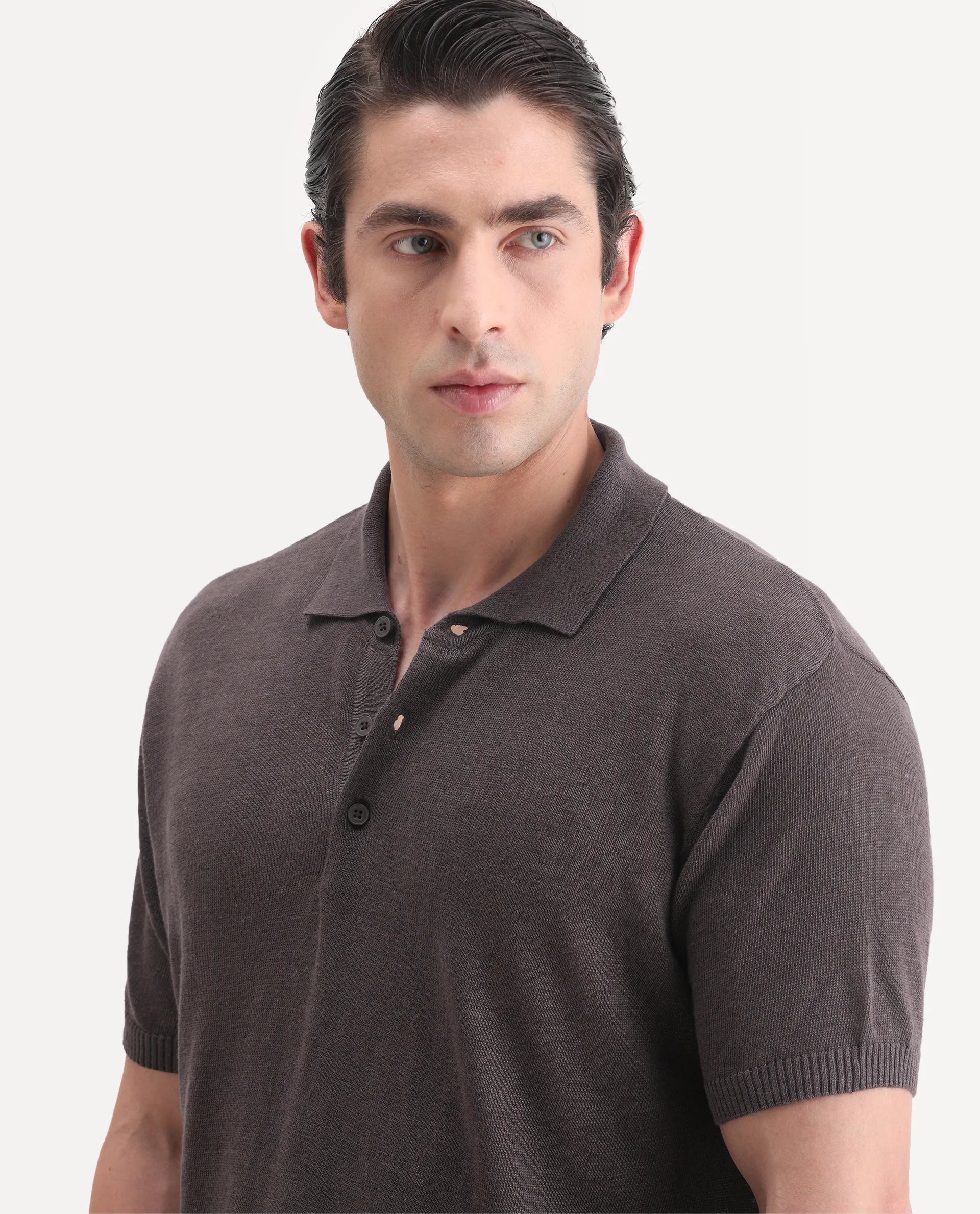 Rare Rabbit Men's Mekko-25 Dark Brown Linen Blend Plain Regular Fit Half Sleeve Polo