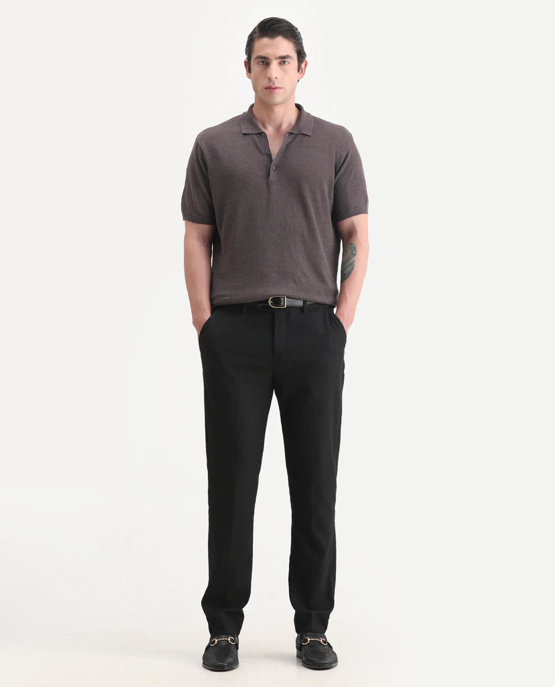 Rare Rabbit Men's Mekko-25 Dark Brown Linen Blend Plain Regular Fit Half Sleeve Polo