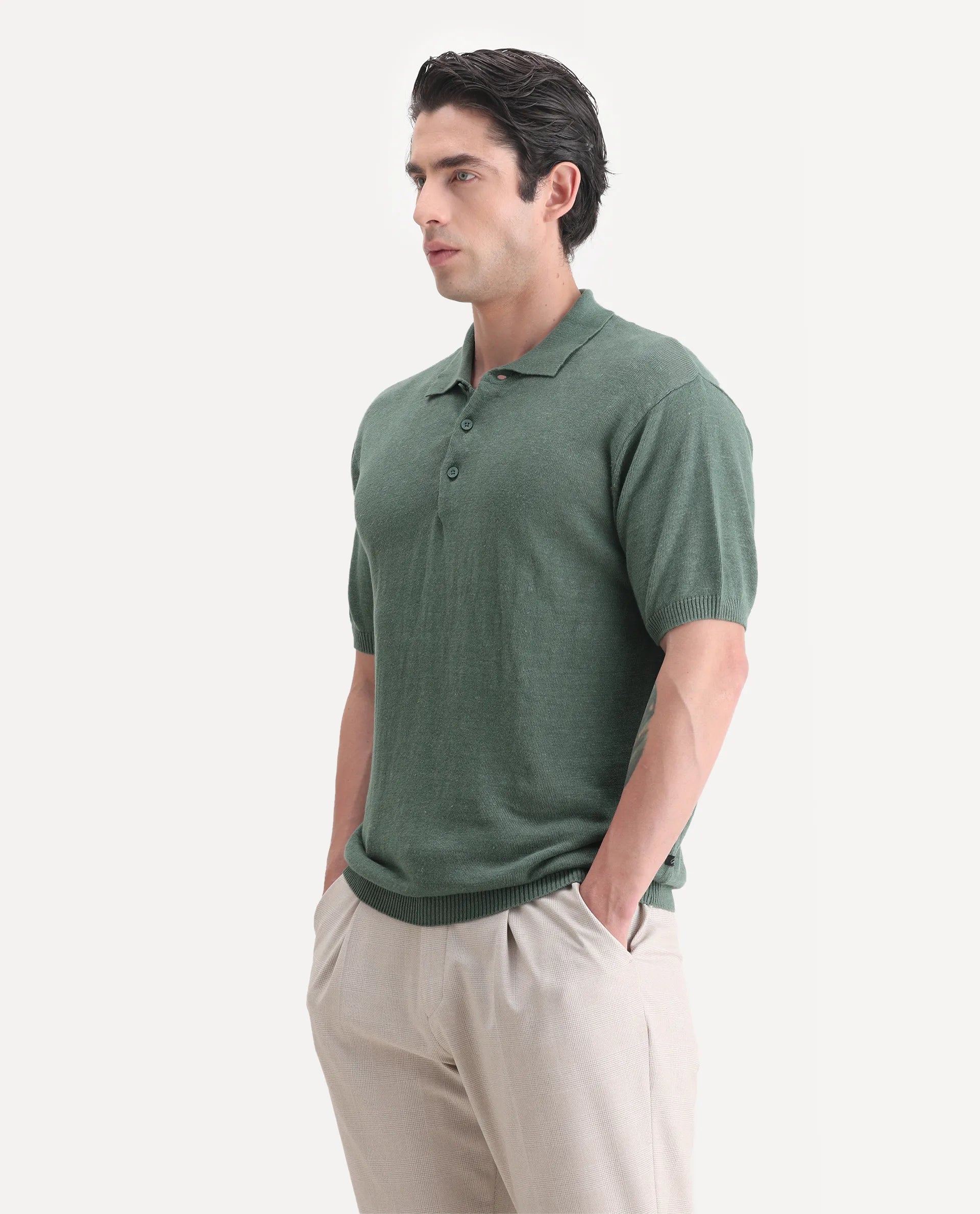 Rare Rabbit Men's Mekko-25 Green Linen Blend Plain Regular Fit Half Sleeve Polo