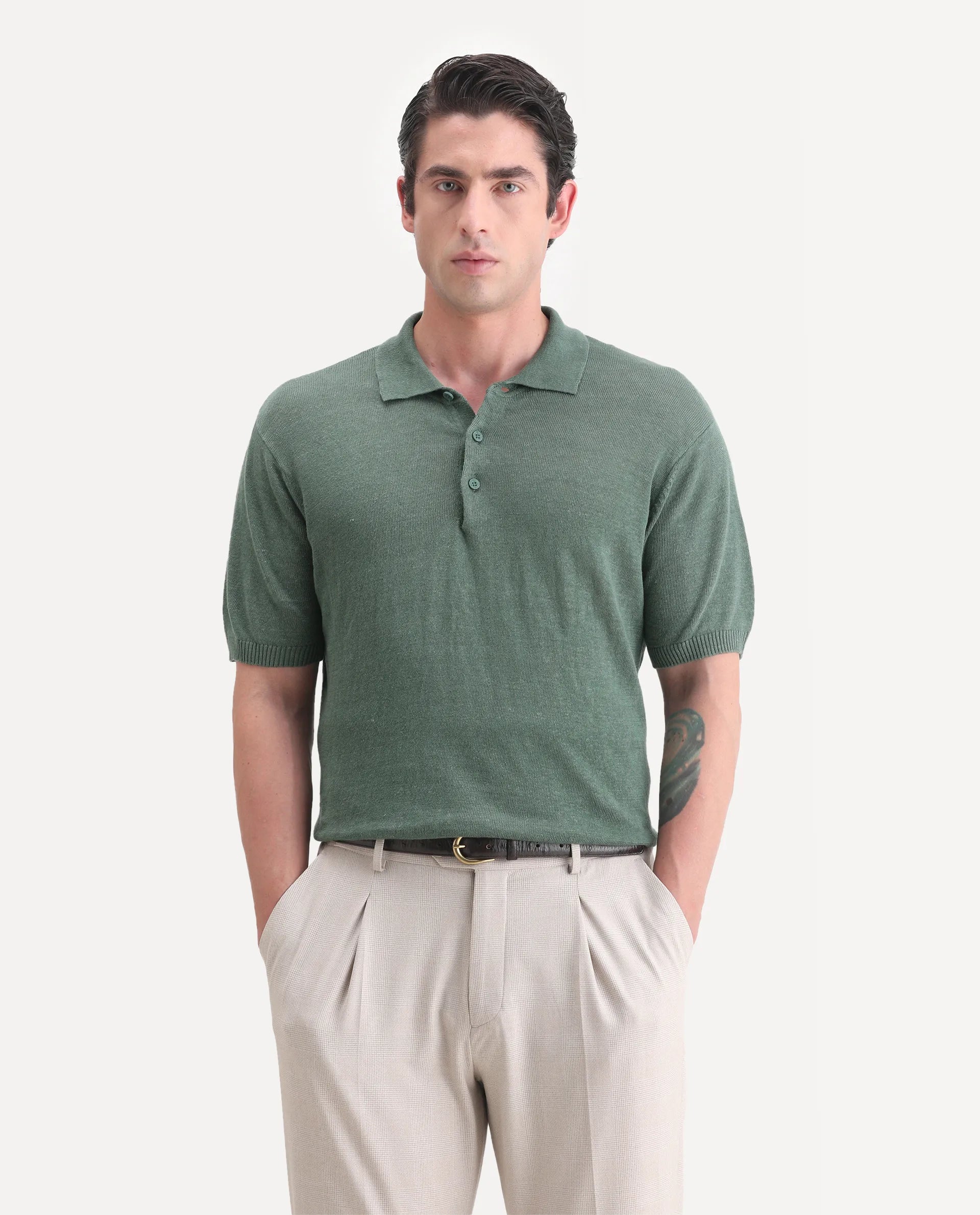 Rare Rabbit Men's Mekko-25 Green Linen Blend Plain Regular Fit Half Sleeve Polo