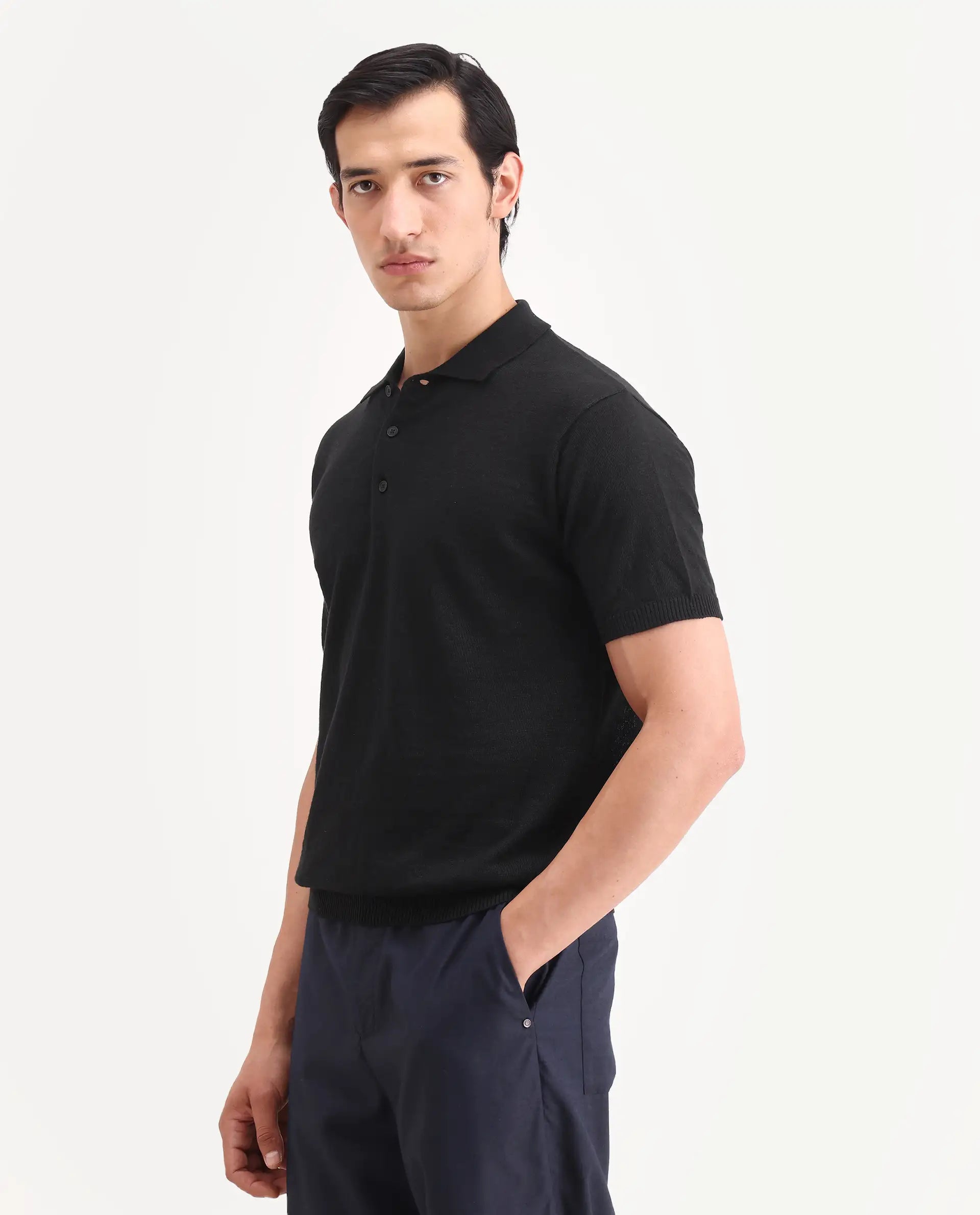 Rare Rabbit Men's Mekko-S26 Black Linen Blend Fabric Half Sleeve Spread Collar Regular Plain Polo