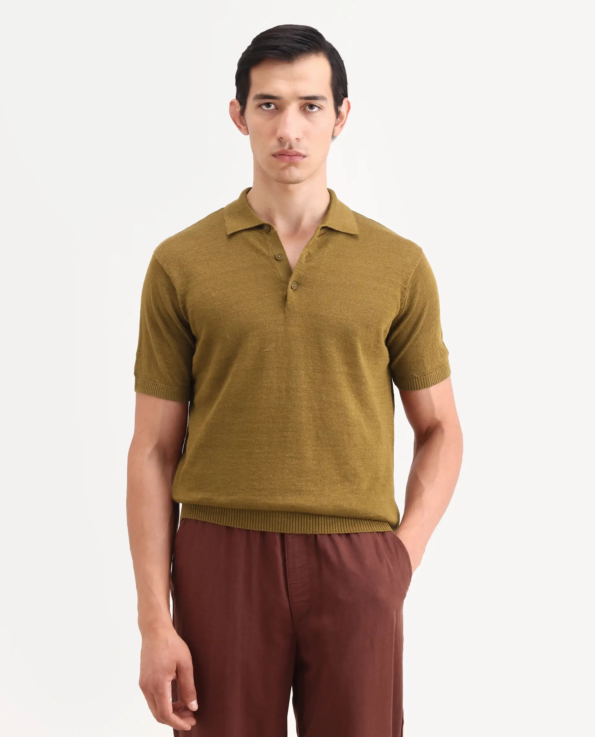 Rare Rabbit Men's Mekko-S26 Dusky Mustard Linen Blend Fabric Half Sleeve Spread Collar Regular Plain Polo