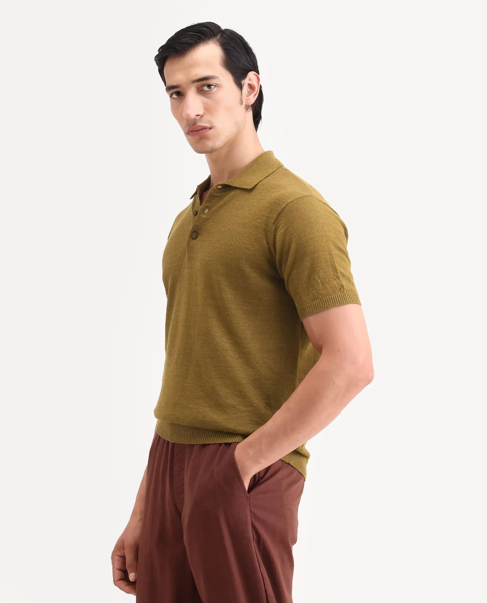 Rare Rabbit Men's Mekko-S26 Dusky Mustard Linen Blend Fabric Half Sleeve Spread Collar Regular Plain Polo