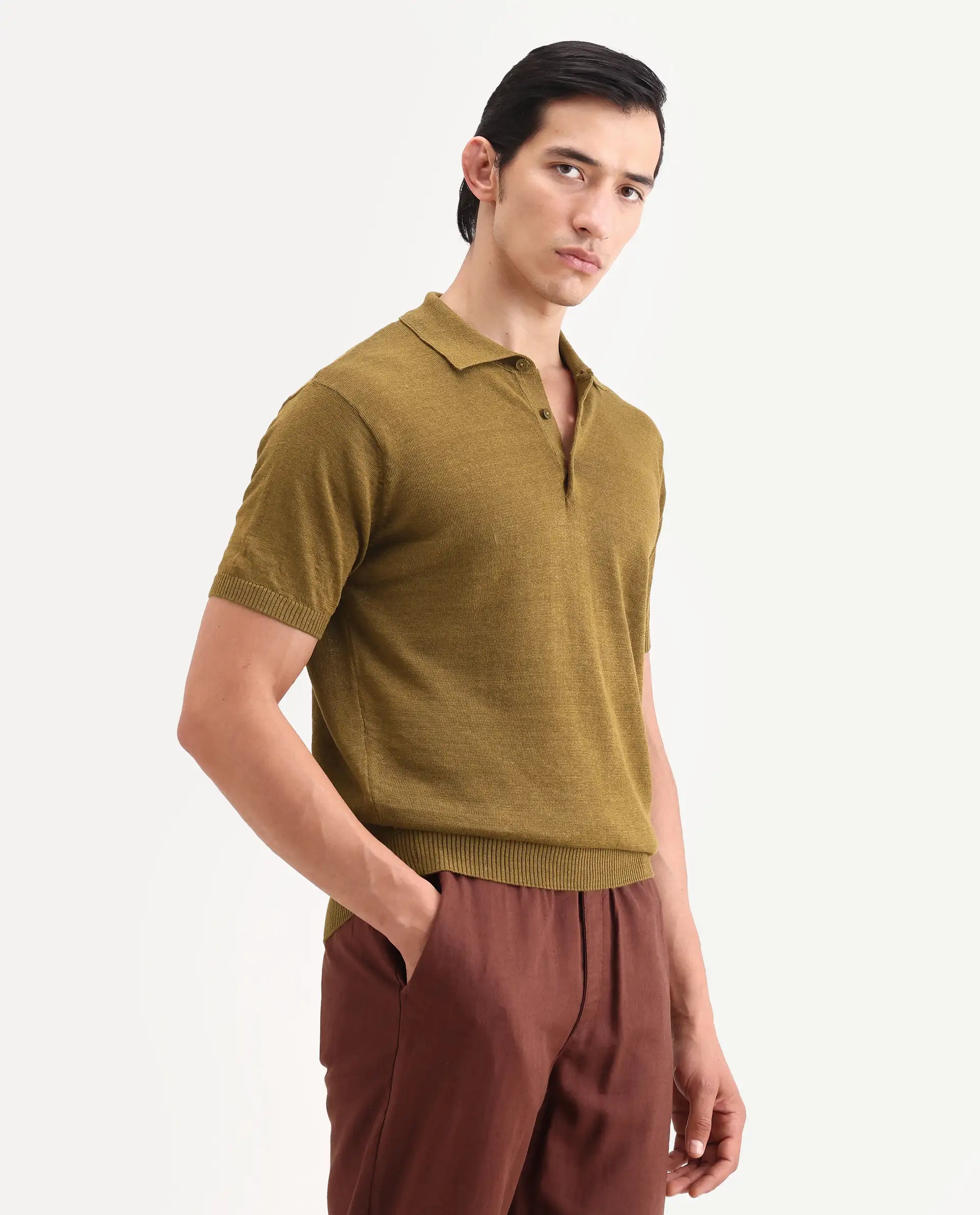 Rare Rabbit Men's Mekko-S26 Dusky Mustard Linen Blend Fabric Half Sleeve Spread Collar Regular Plain Polo