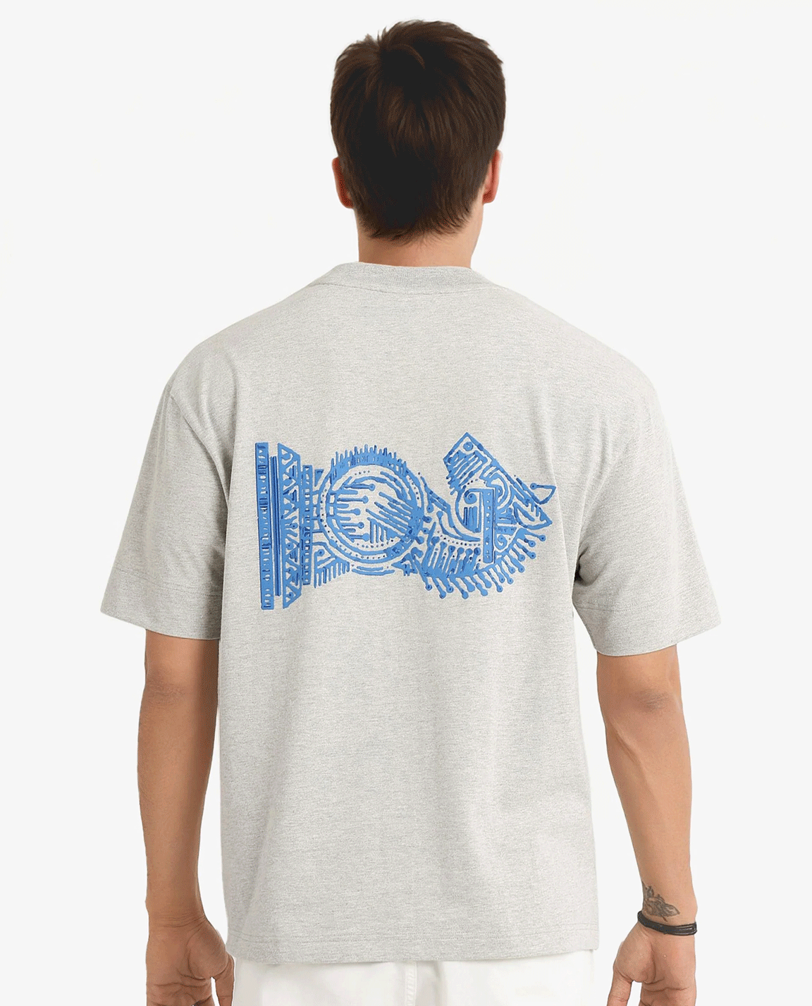 Rare Rabbit Men Ight Melange Grey Cotton Fabric Short Sleeve Crew Neck Oversized Fit Graphic Back Print T-Shirt