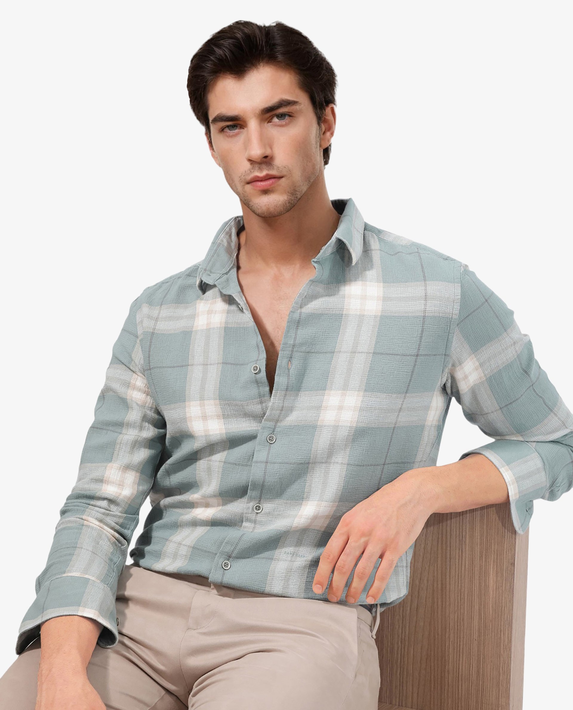 Rare Rabbit Mens Melfi Teal Cotton Fabric Full Sleeves Regular Fit Checks Shirt