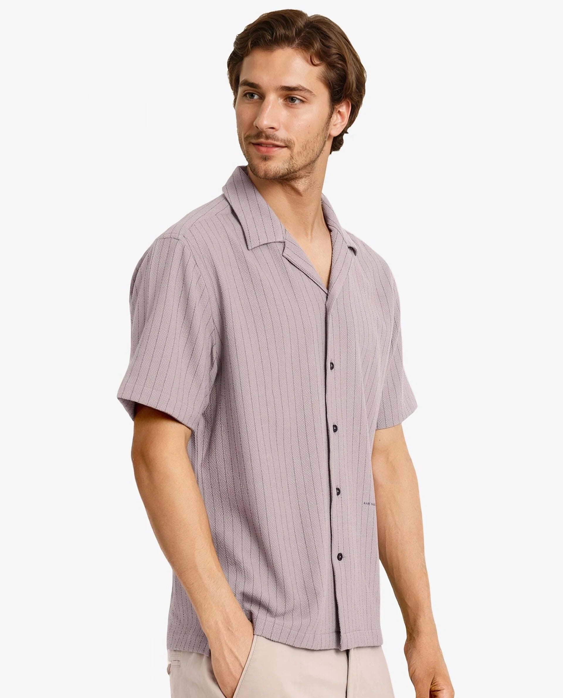 Rare Rabbit Men's Melon Dusky Purple Poly Blend Fabric Half Sleeve Cuban Collared Boxy Fit Striped Shirt