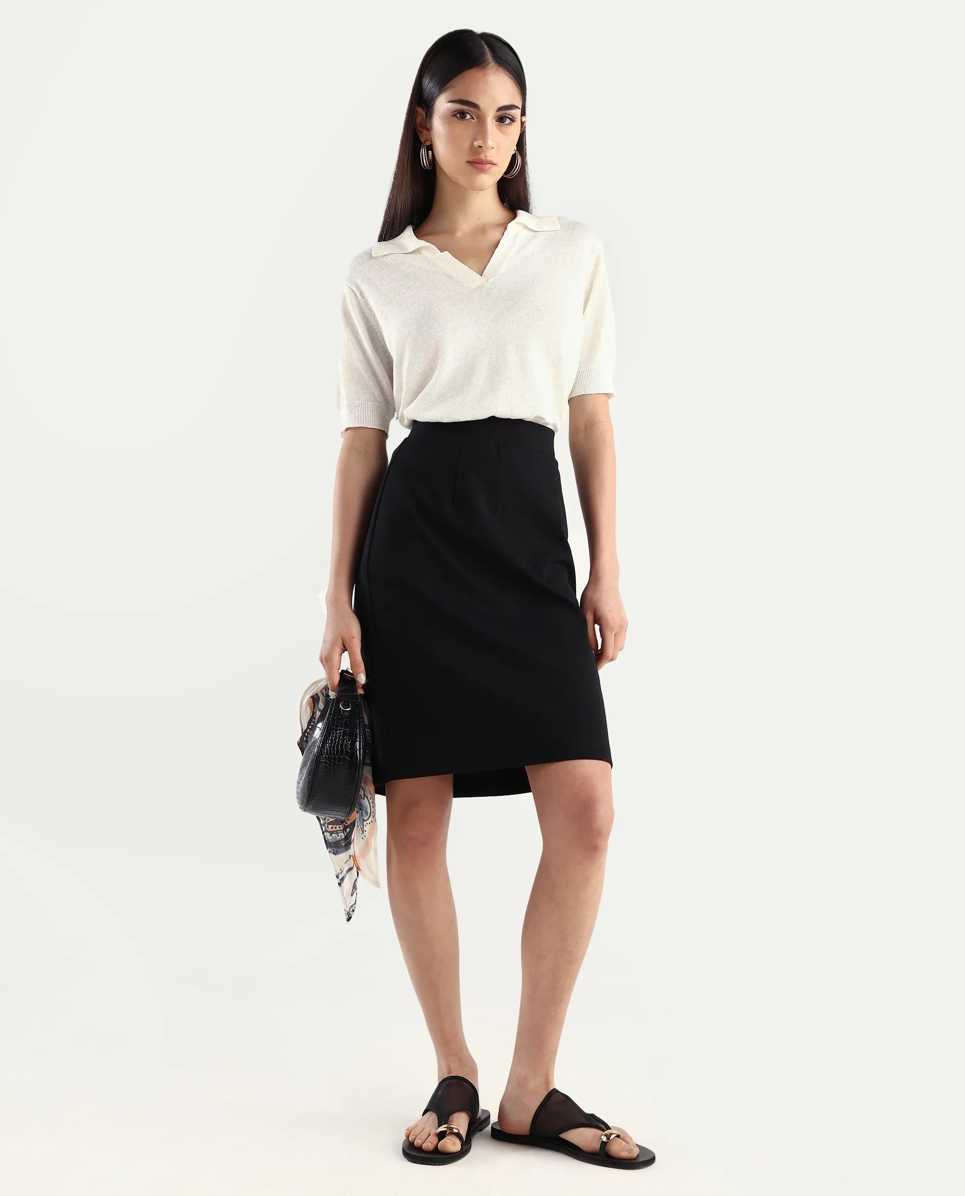 Rareism Women's Melunia Black Polyester Blend Plain Knee Length Straight Fit Skirt