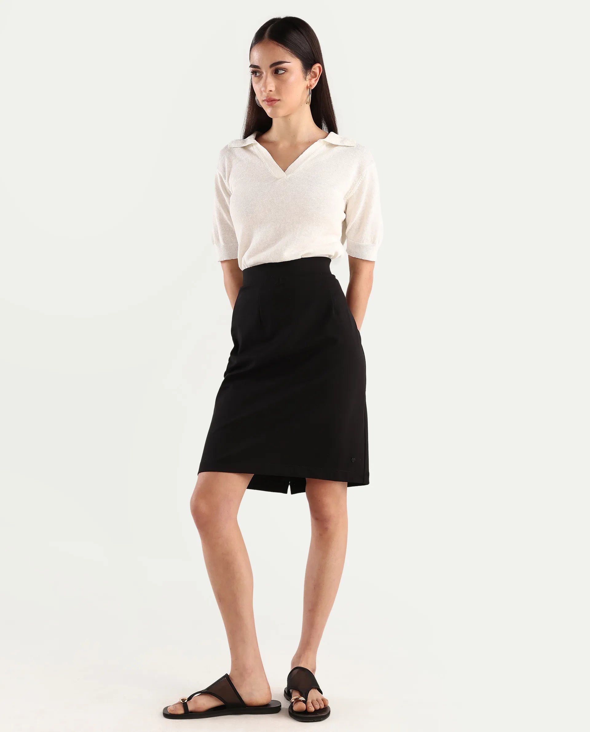Rareism Women's Melunia Black Polyester Blend Plain Knee Length Straight Fit Skirt