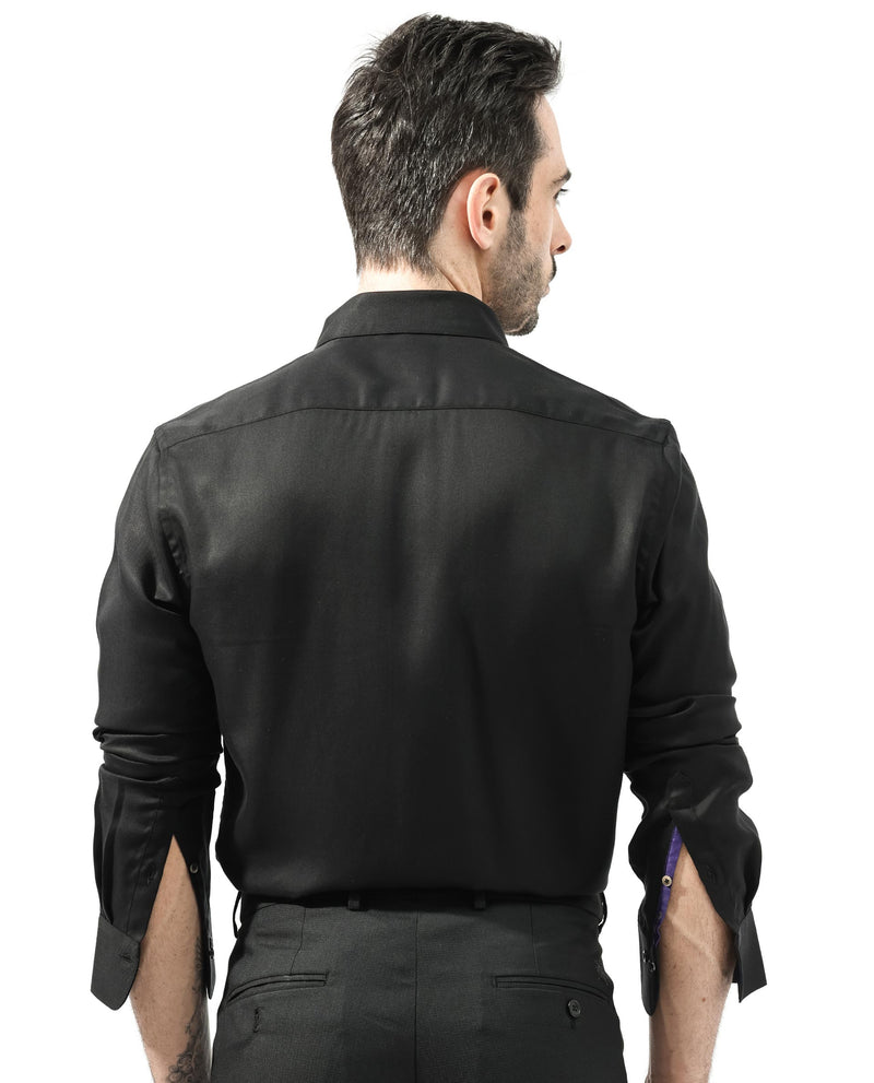 Rare Rabbit Mens Memop Ls Black Tencel Fabric Full Sleeve Solid Shirt