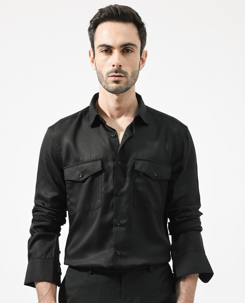 Rare Rabbit Mens Memop Ls Black Tencel Fabric Full Sleeve Solid Shirt