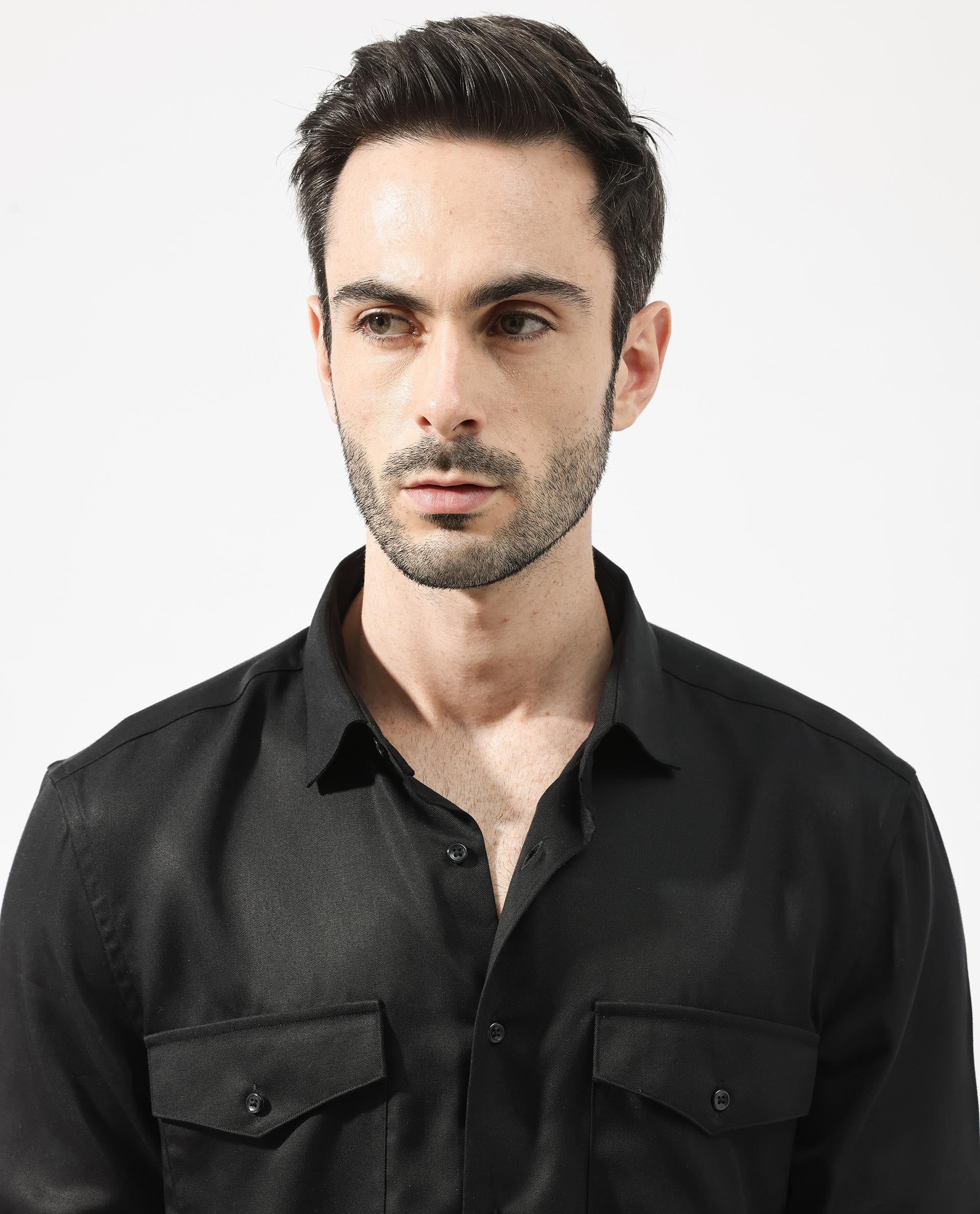 Rare Rabbit Mens Memop Ls Black Tencel Fabric Full Sleeve Solid Shirt