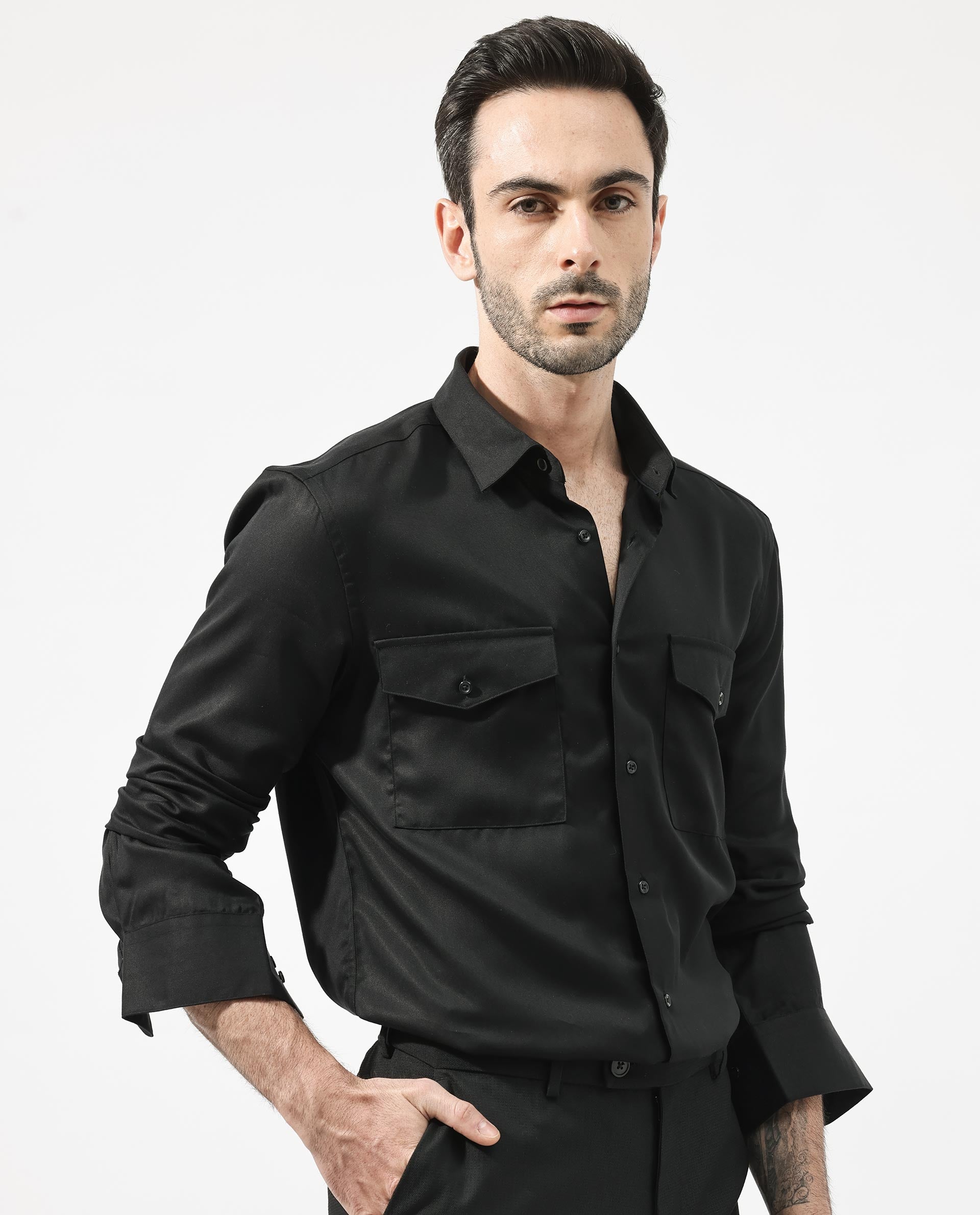 Rare Rabbit Mens Memop Ls Black Tencel Fabric Full Sleeve Solid Shirt