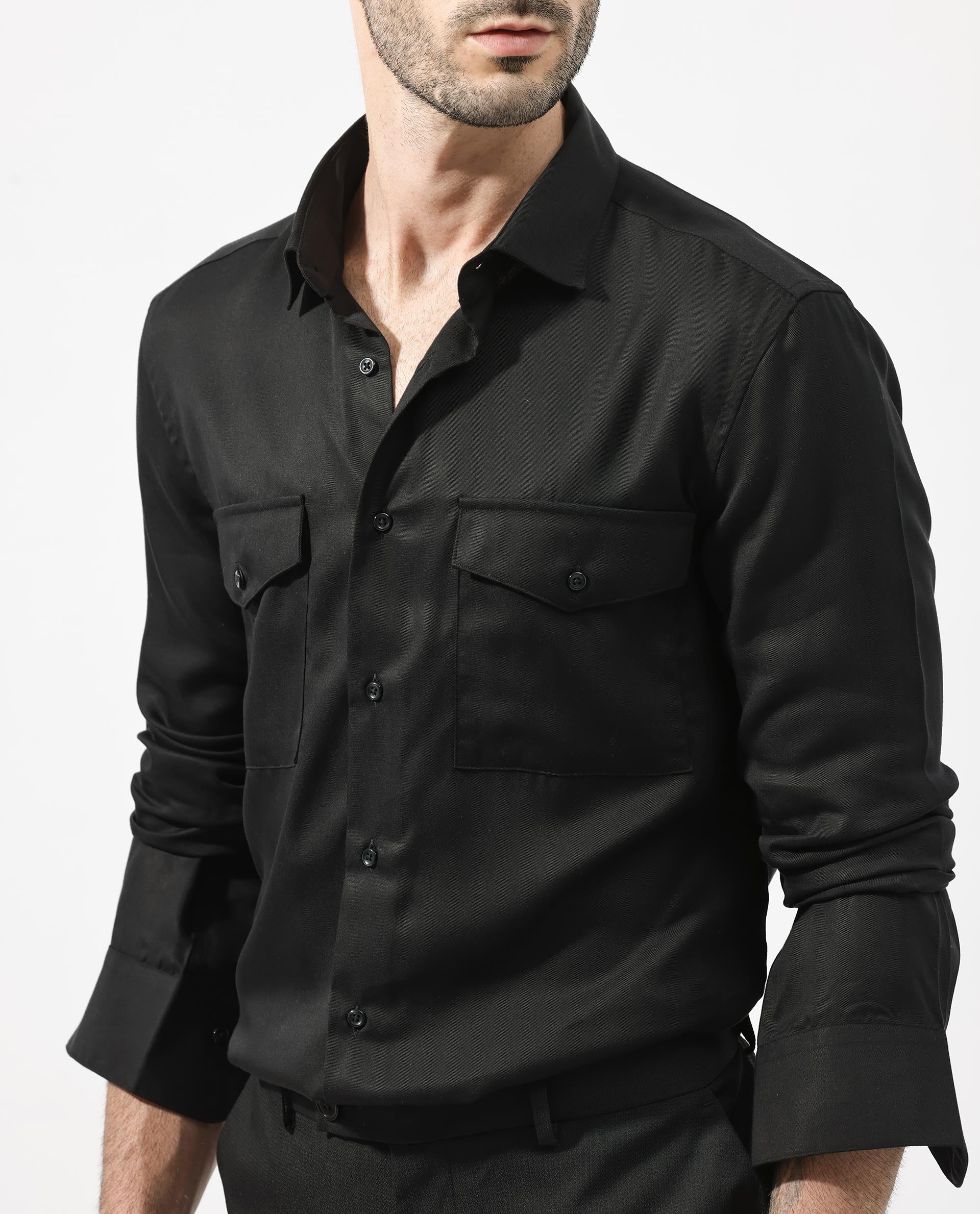 Rare Rabbit Mens Memop Ls Black Tencel Fabric Full Sleeve Solid Shirt