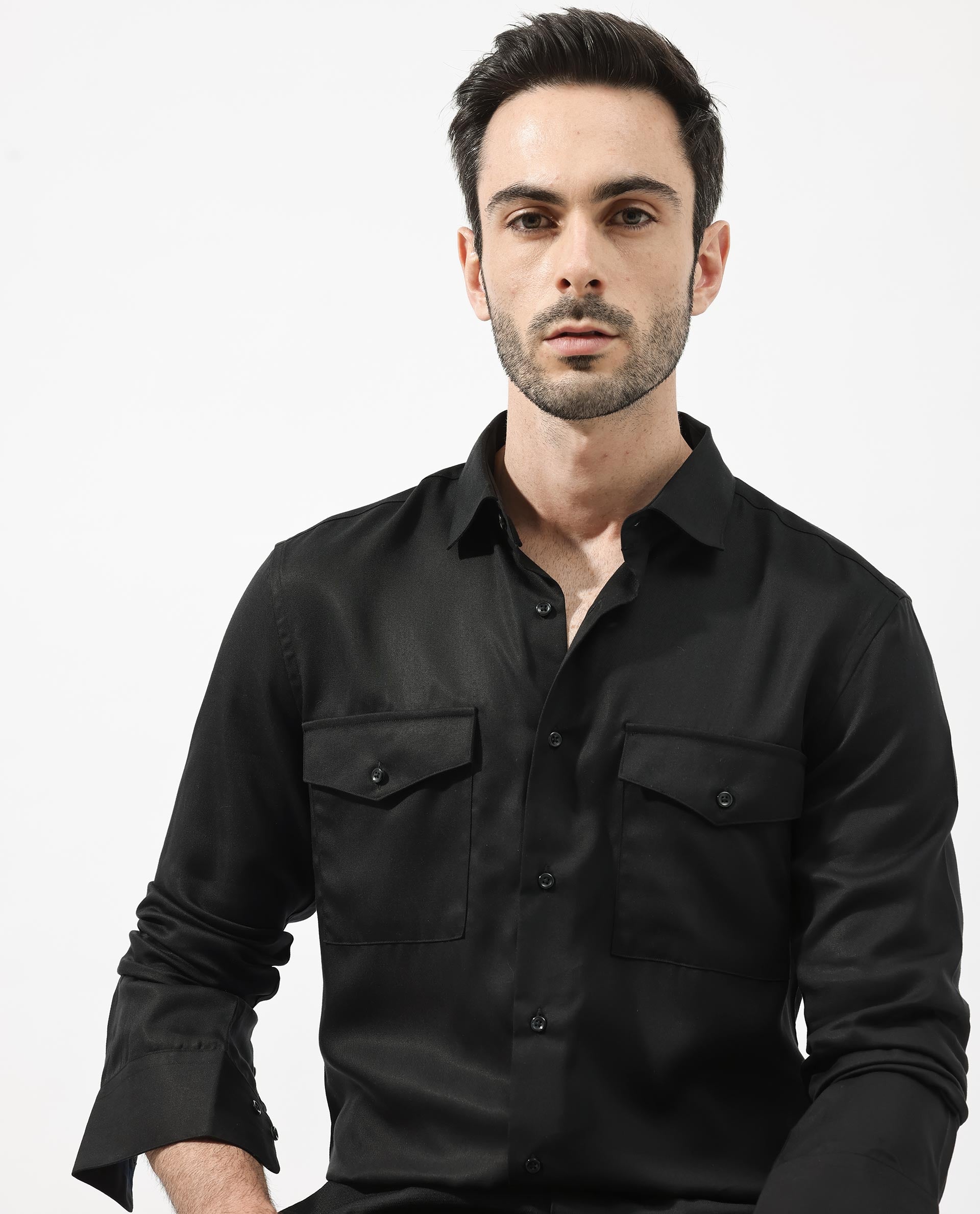 Rare Rabbit Mens Memop Ls Black Tencel Fabric Full Sleeve Solid Shirt