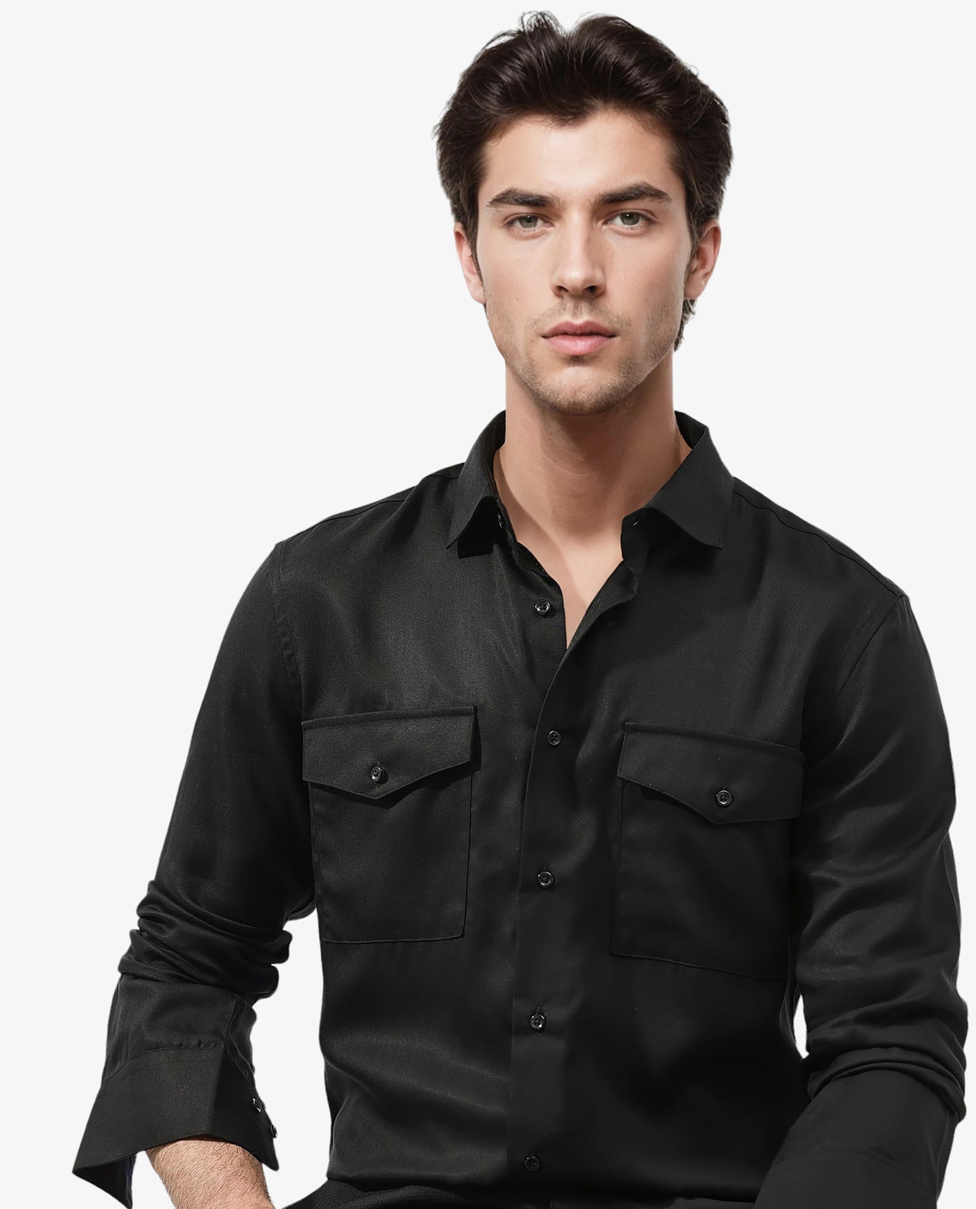 Rare Rabbit Mens Memop Ls Black Tencel Fabric Full Sleeve Solid Shirt