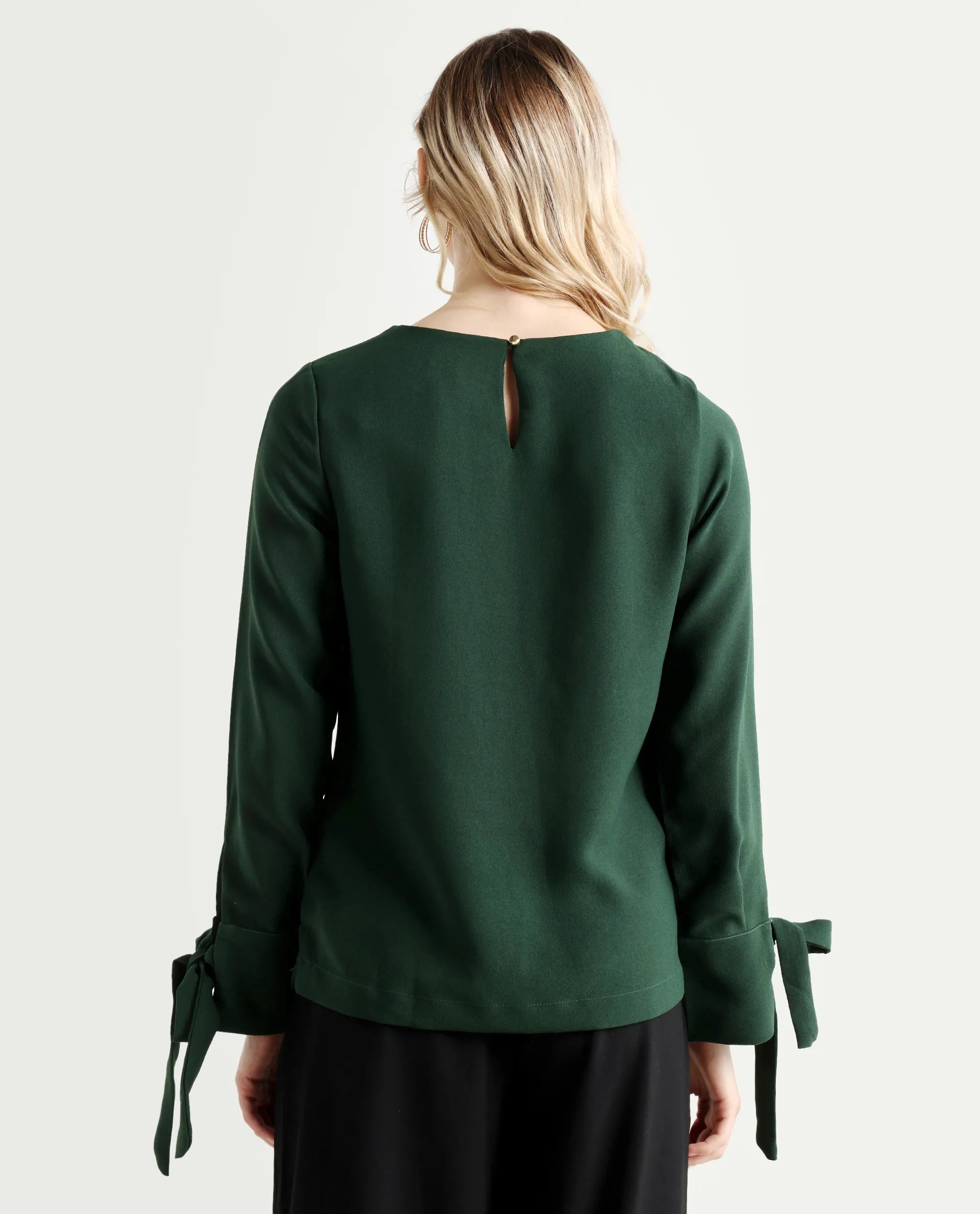 Rareism Women's Merach Green Polyester Boat Neck Plain Regular Fit Top