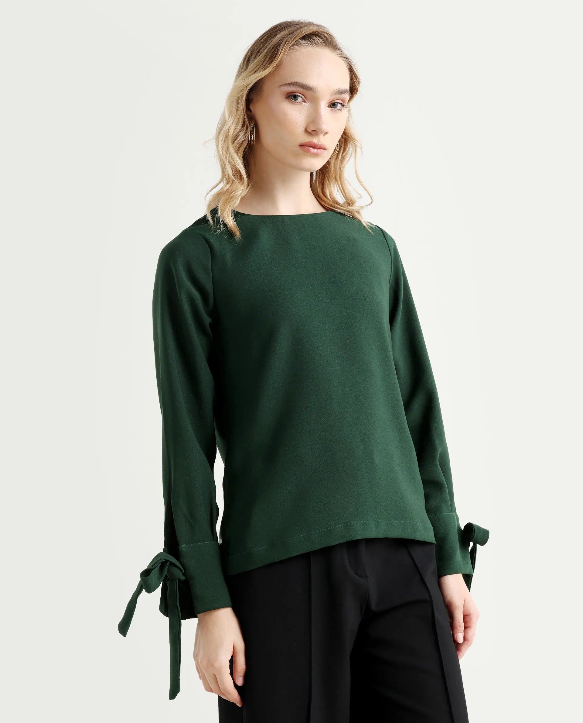 Rareism Women's Merach Green Polyester Boat Neck Plain Regular Fit Top