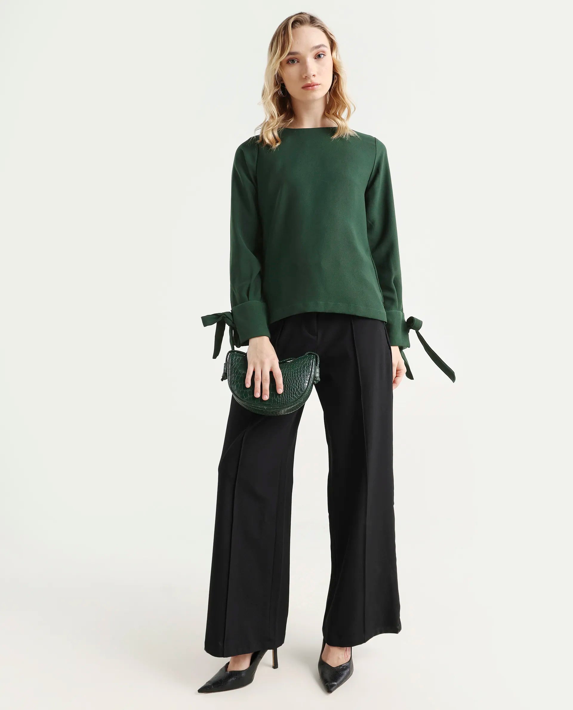 Rareism Women's Merach Green Polyester Boat Neck Plain Regular Fit Top